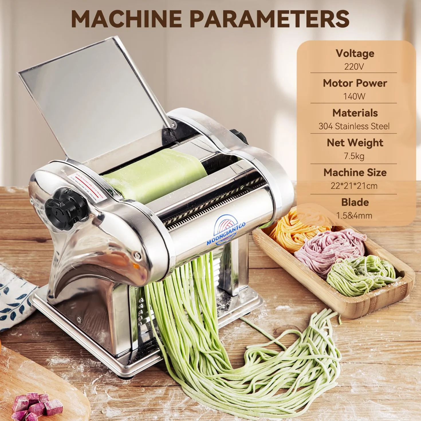 Moongiantgo Máquina de Pasta Fresca Eléctrica Acero Inox con 2 Cuchillas de 1.5 y 4mm, 9 Marchas de Grosor Ajustable para Fideos Espaguetis Raviolis