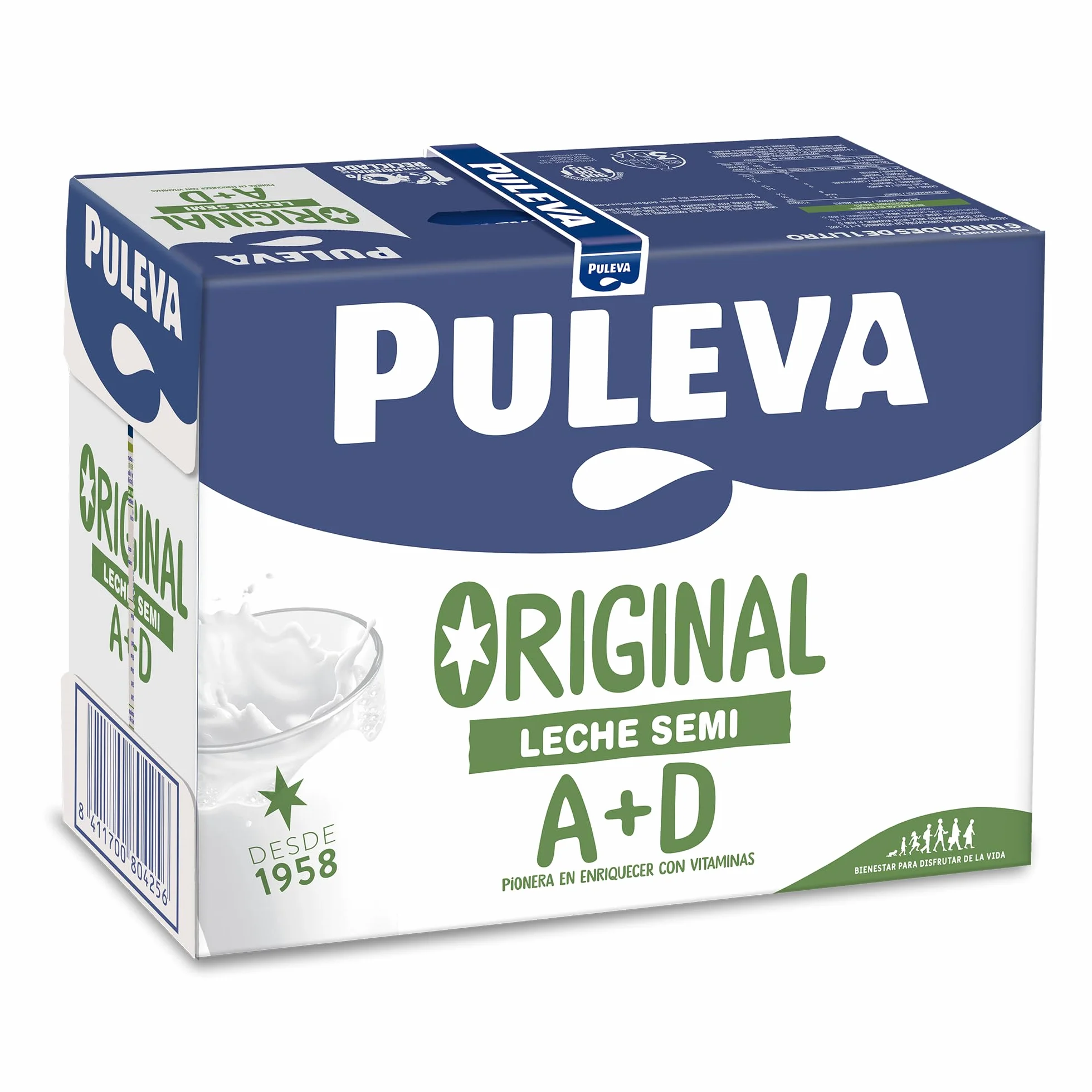 Puleva Original Leche Semidesnatada con Vitaminas A y D Sin Azúcar Añadido Sin Gluten Brik UHT Pack 6 x 1L