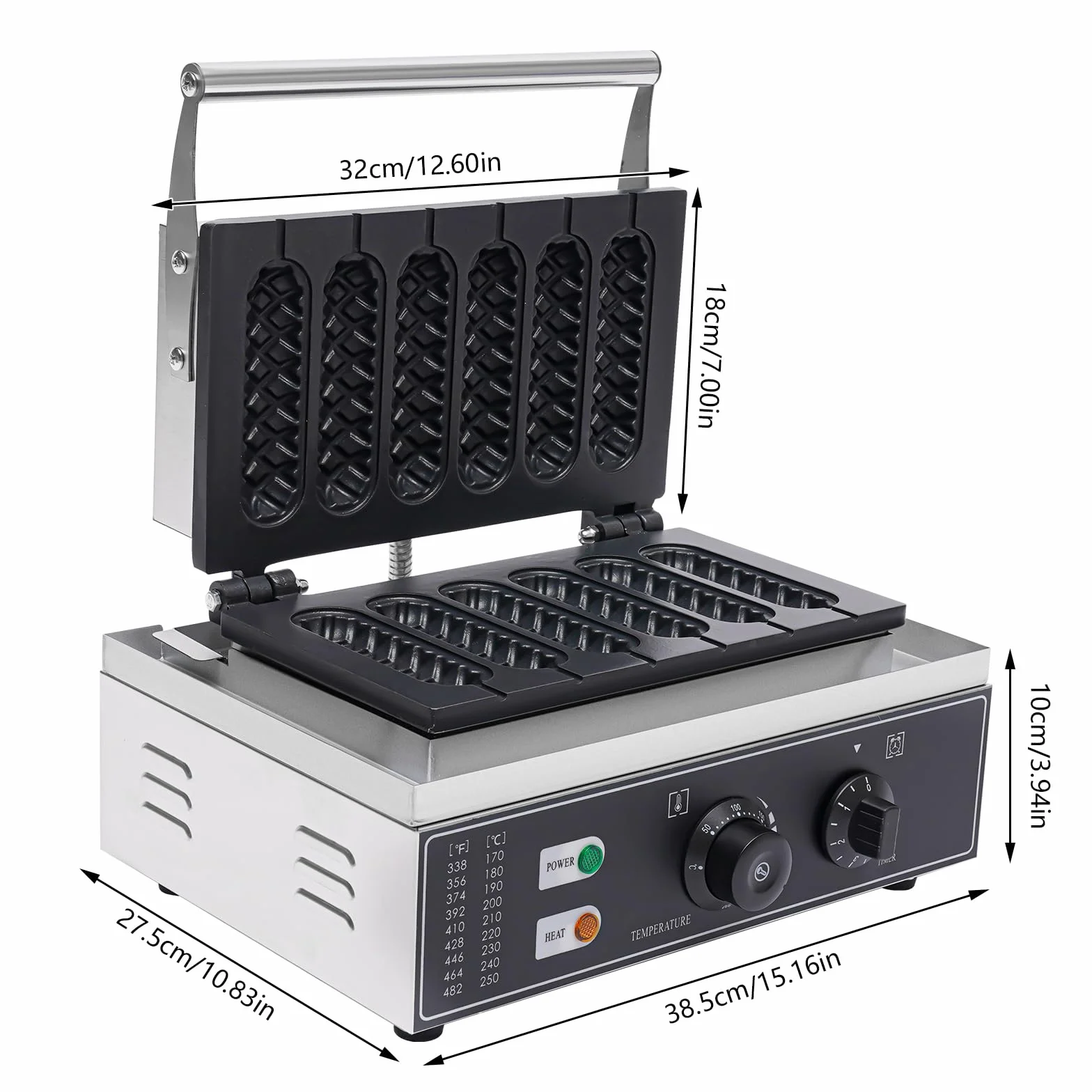 Waffeleisen Waflera, 1500W de acero inoxidable, máquina eléctrica de gofres comercial con 6 piezas de asa/perrito caliente, gofres en brocheta para panaderías, restaurantes, quioscos
