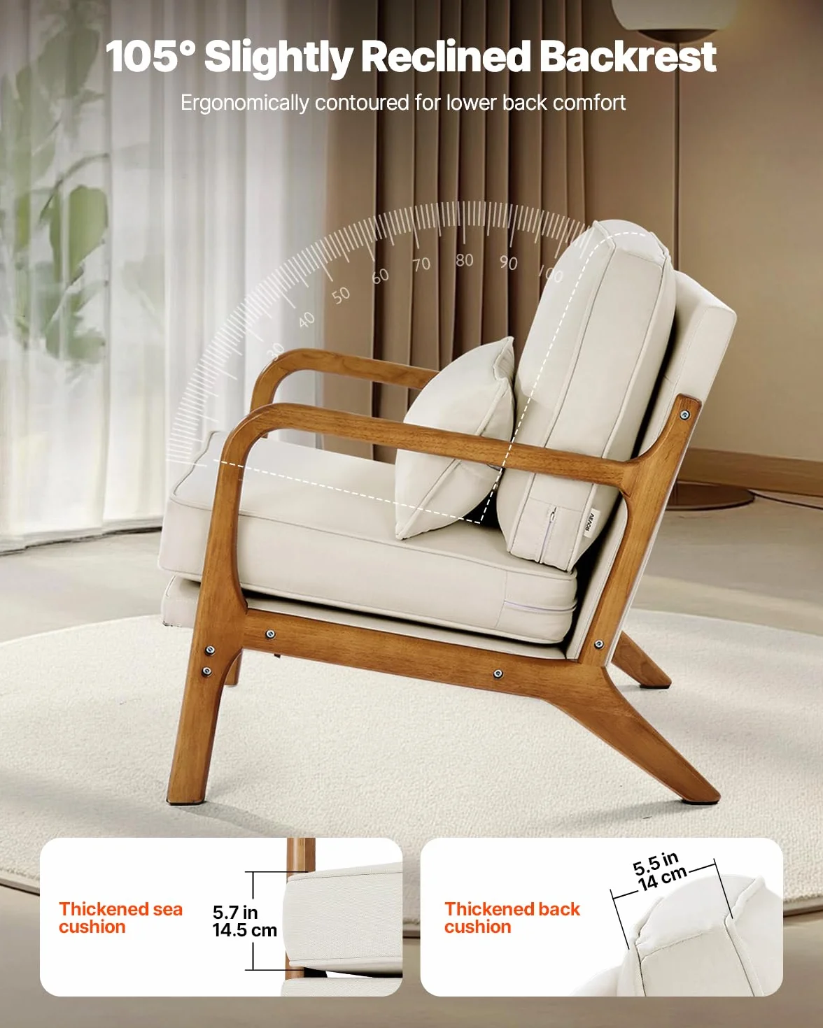 VEVOR Sillón de Estilo Moderno de Mediados de Siglo con Estructura de Madera Maciza y Patas Antideslizantes, Tapizado en Tela de Lino y Cojín Grueso de 14,5 cm para Salón, Dormitorio y Oficina
