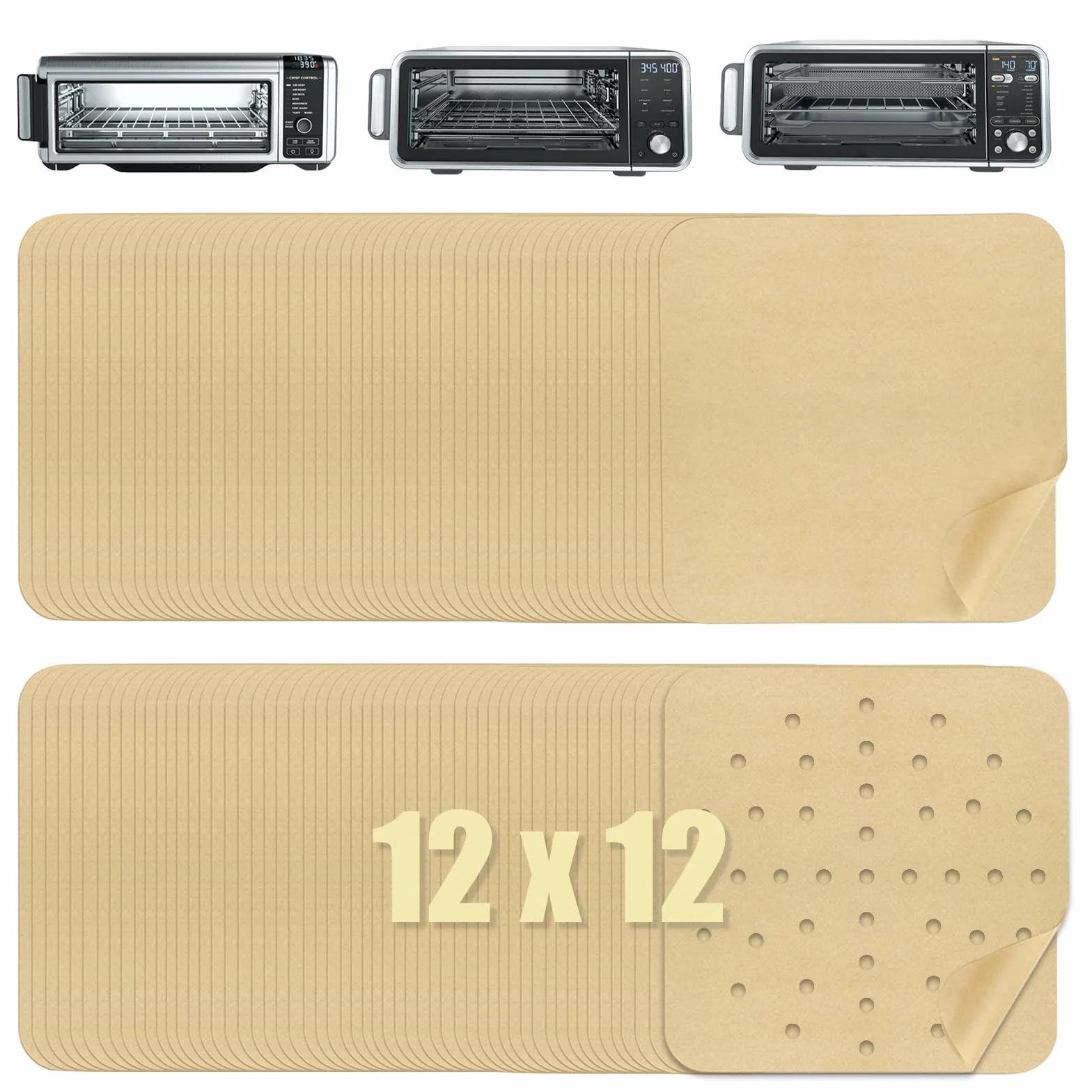 Golden Associate Forros de papel pergamino desechables de 12 x 12 pulgadas, 130 piezas, combo de hojas perforadas y sin agujeros, 65 piezas cada uno, freidora de aire, horno, tostador, bandeja