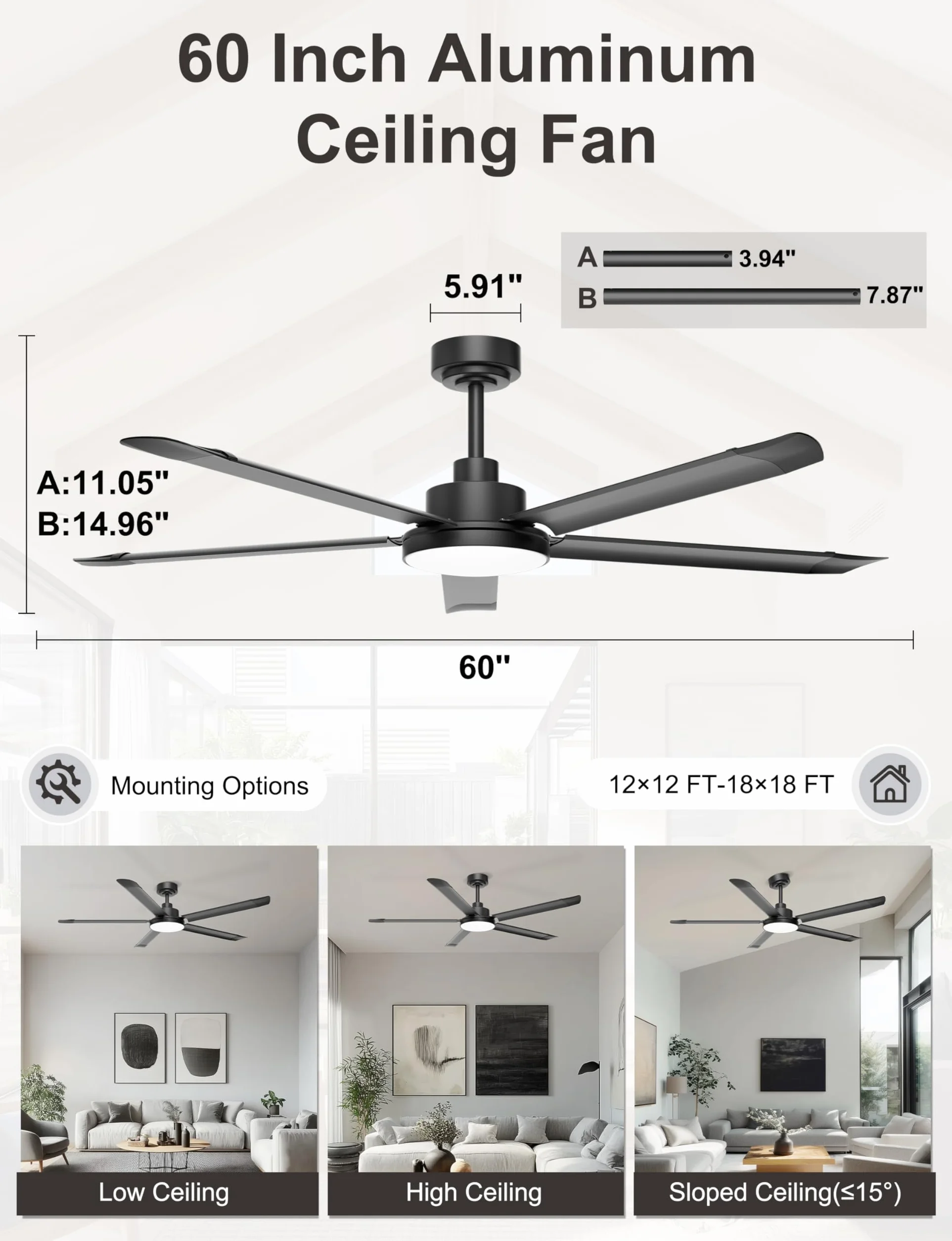Ohniyou Ventilador de Techo de 152 cm con Luz, Ventiladores de Techo Industrial con Control Remoto/APP, 5 Aspas de Aluminio, Motor DC Silencioso, Ventilador para Salón, Terraza Exterior, Garaje, Negro