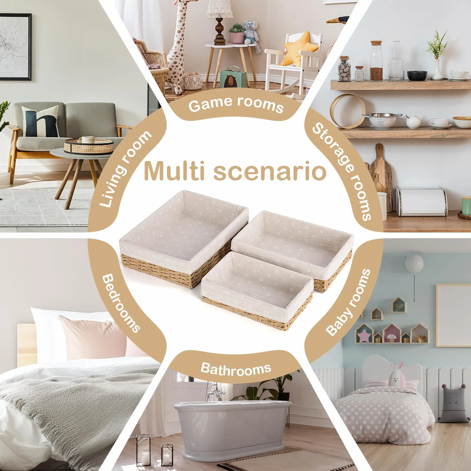 FoiiLiio Cestas de Almacenamiento Trenzadas Juego de 3, Cesta de Almacenamiento de Juguetes Cesta de baño Cambiador Trenzado cesta organizadora Cesta de la Habitación de los Niños (Beige)
