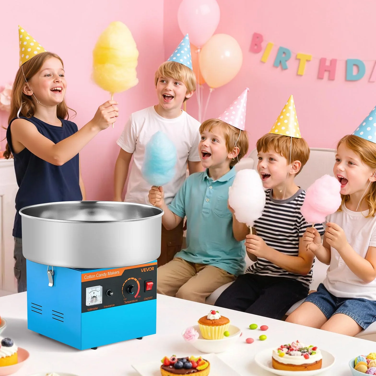 VEVOR Máquina de Algodón de Azúcar Eléctrica 1000 W Capacidad de 100 g de Azúcar 38 x 38 x 34 cm Fácil de Instalar y Desmontar Fácil de Usar con Azucarero y Cuchara para Hogar, Fiestas, Azul