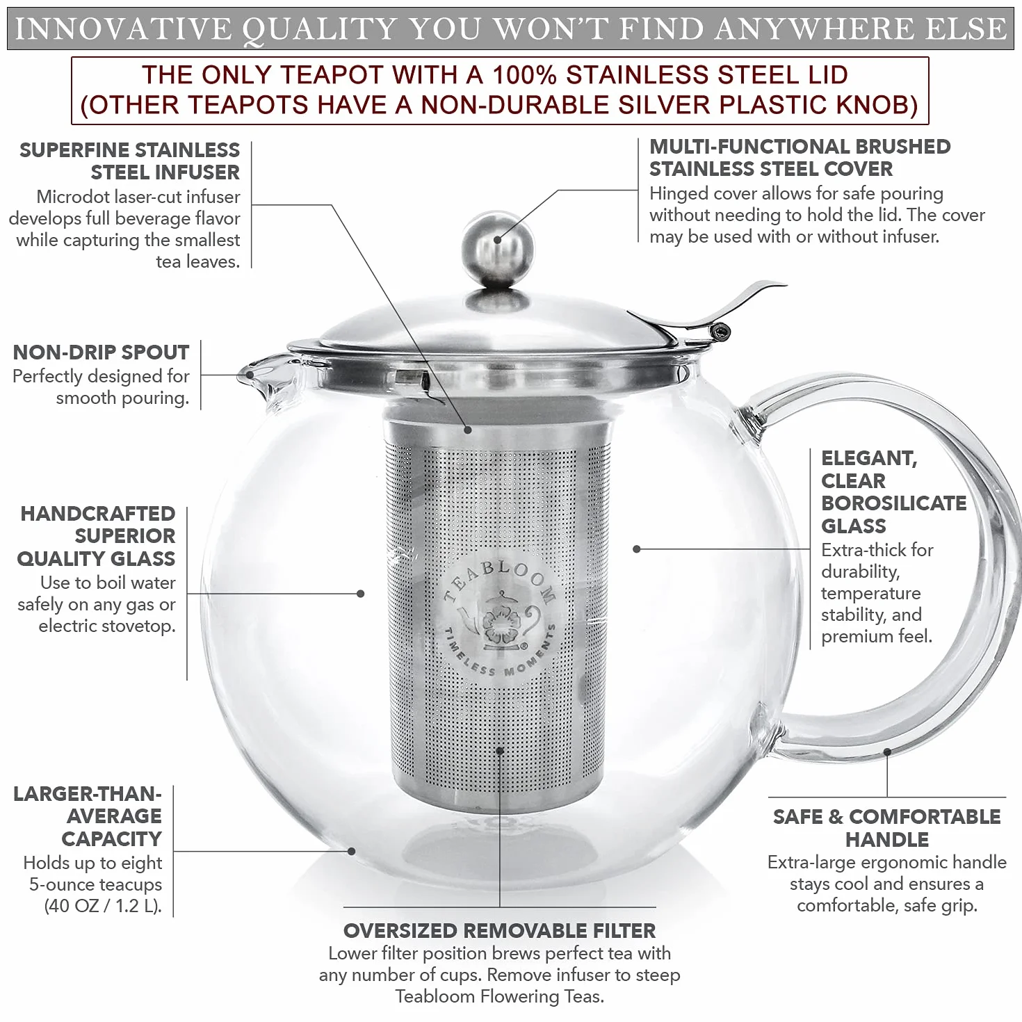 Teabloom Tetera Clásica de Cristal 1200 ml con Infusor Extraíble de Acero Inoxidable