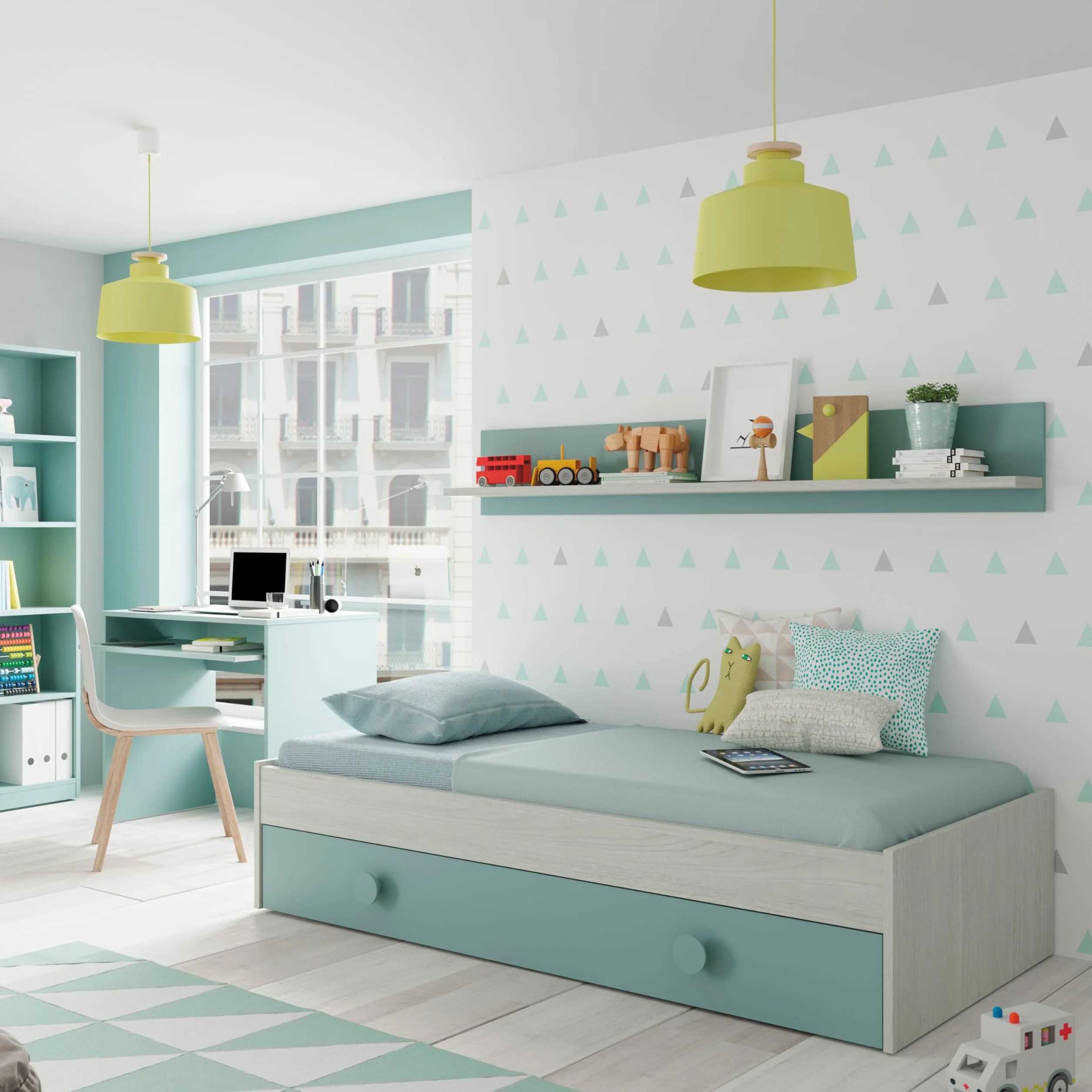 Habitdesign Cama Nido Juvenil Kendra, Conjunto 2 Camas + Estante de Pared, Dormitorio Infantil para Niños, Color Blanco Alpes y Verde Acqua, Medidas: 201x43x98 cm