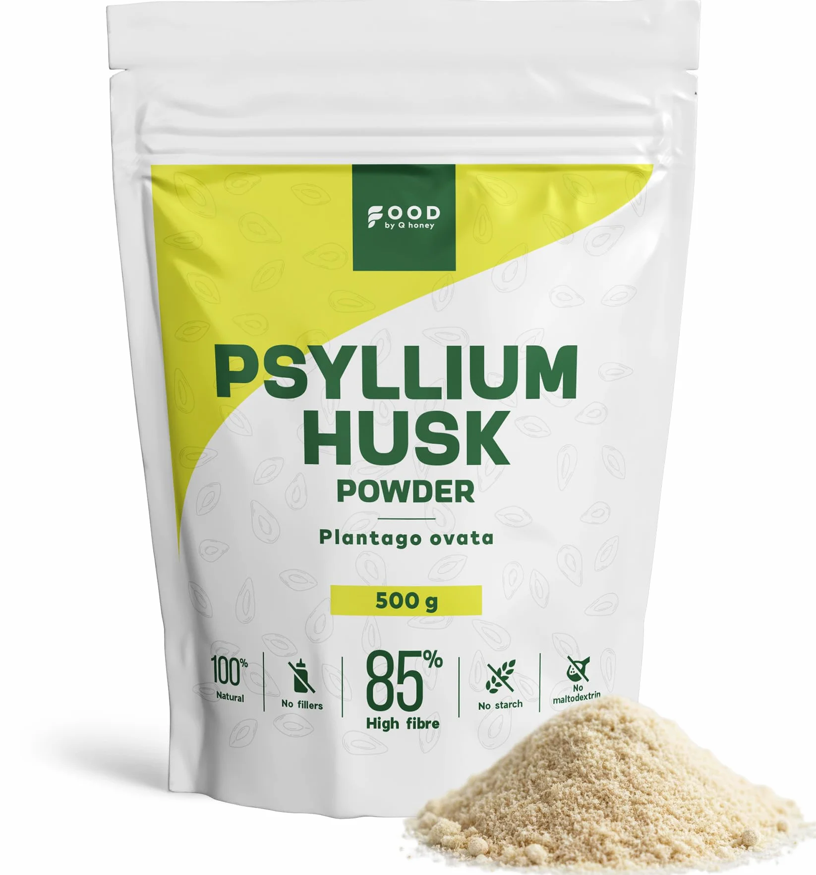 Psyllium Husk en Polvo 500 g - Alto en Fibra (~85%), Sabor Neutro - Vegano, Sin OGM - Plantago Ovata
