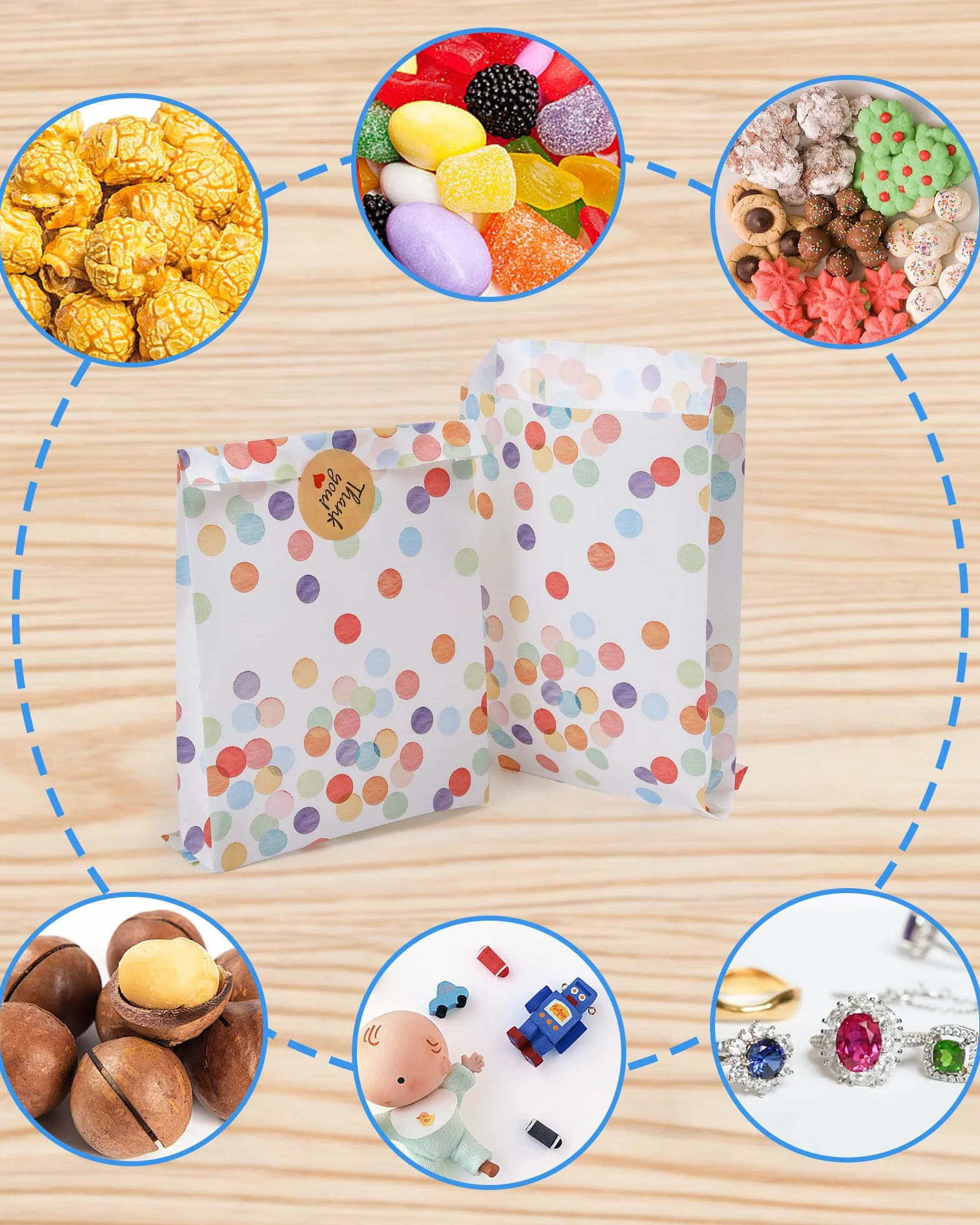 Acual Bolsas Chuches Cumpleaños 50 Pcs con 60 Pegatinas, Bolsitas Regalo Papel con Lunares, Resistente al Aceite para Candy Bar, Bodas, Picnics, Camping, Fiestas y Navidad (19x13x3cm)