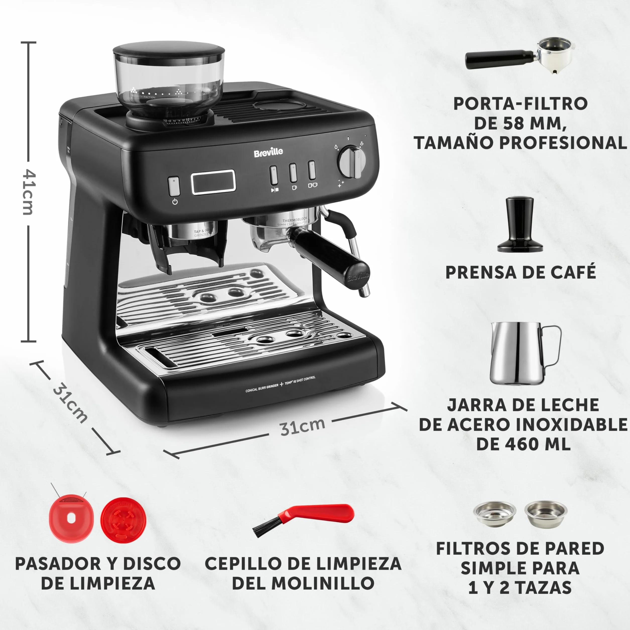 Breville Barista Max+ cafetera espresso | Molido y dosificación inteligentes | Temporizador de extracción de precisión | Espumador de leche integrado | Bomba italiana de 15 bares | Negro [VCF152X]