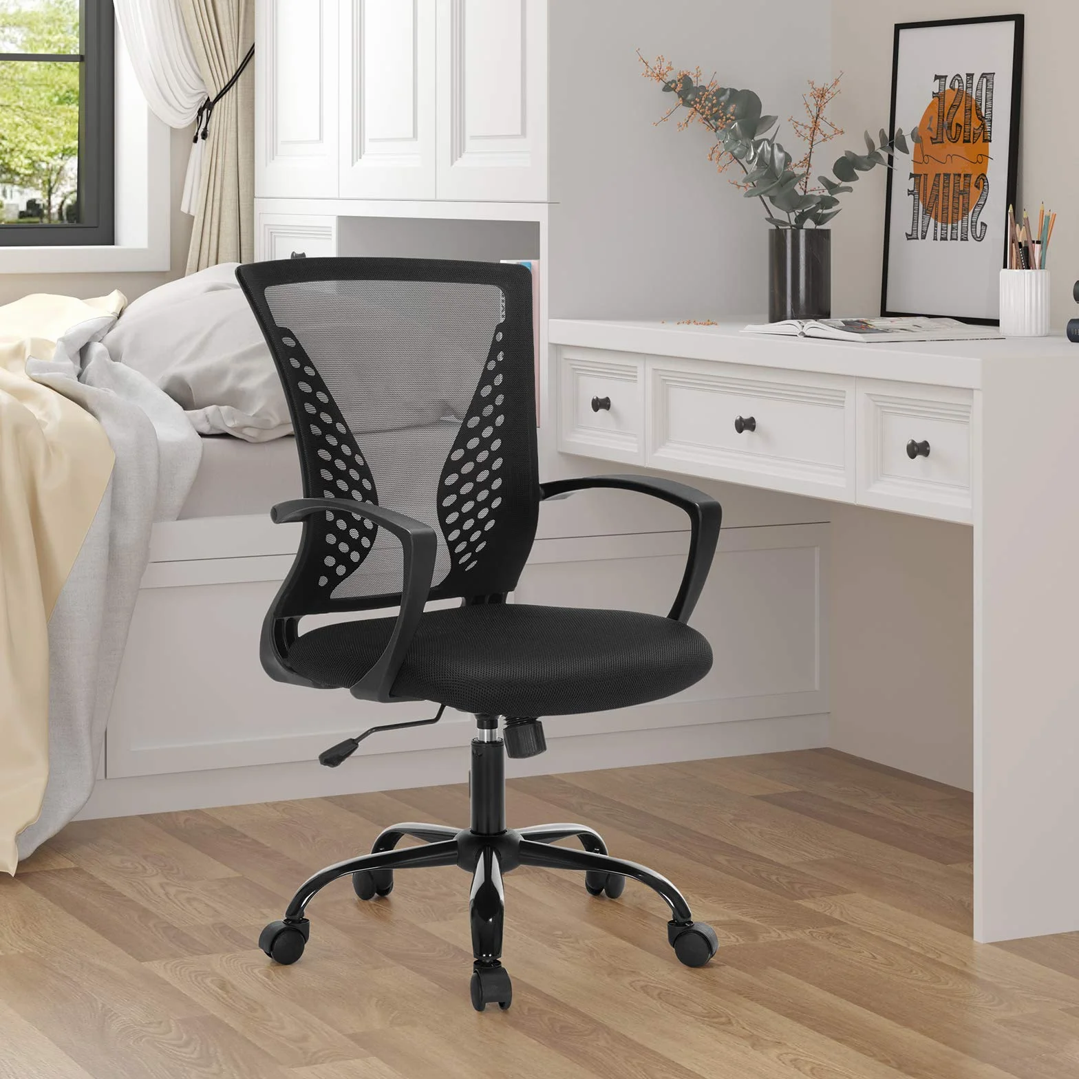 SONGMICS Silla Giratoria Oficina Regulable Altura Respaldo Malla Transpirable Carga Máx 120 kg Negro OBN22BK 58x60,5x(96-104) cm