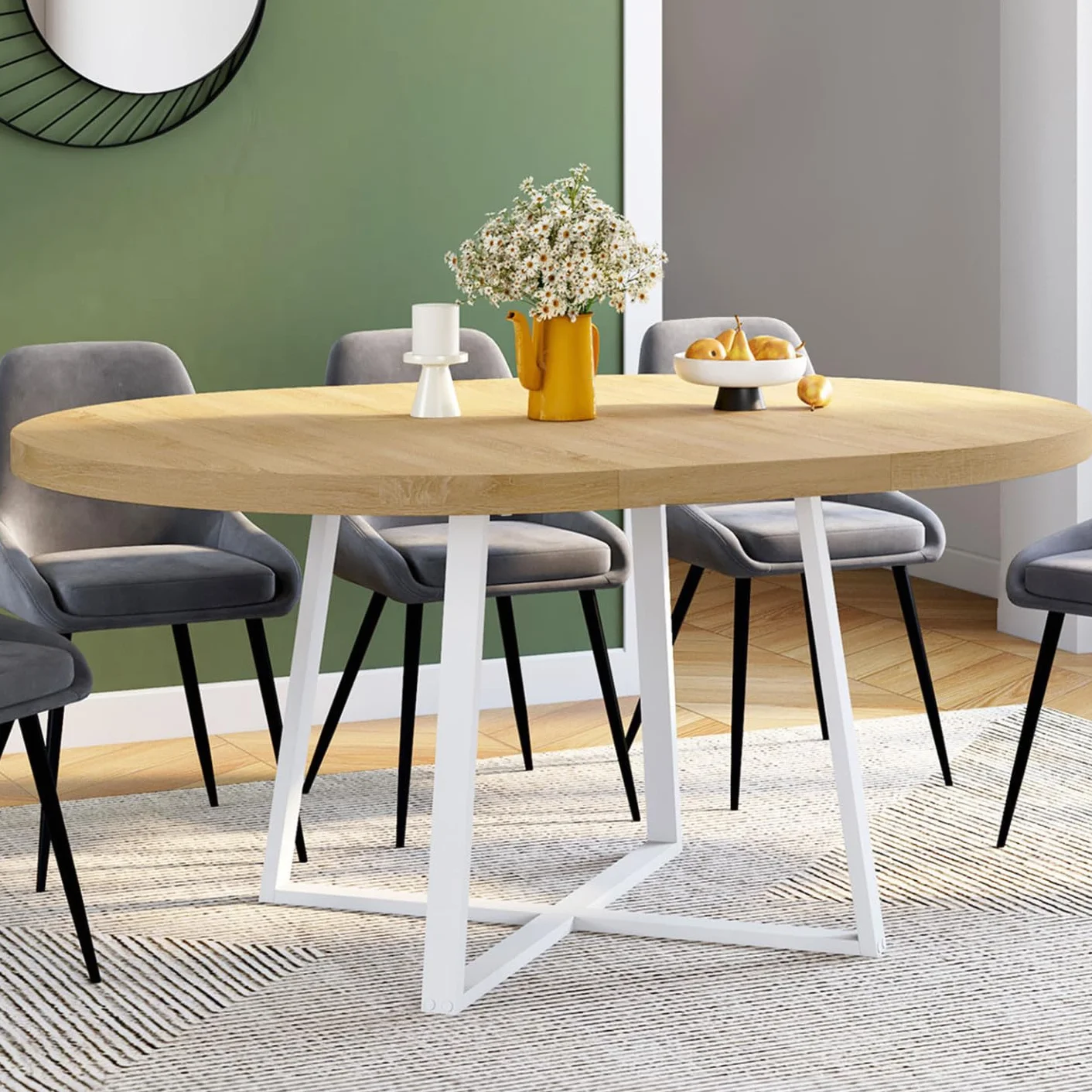IDMarket Selma – Mesa de comedor extensible redonda para 4-8 personas, madera y blanco, 110-150 cm