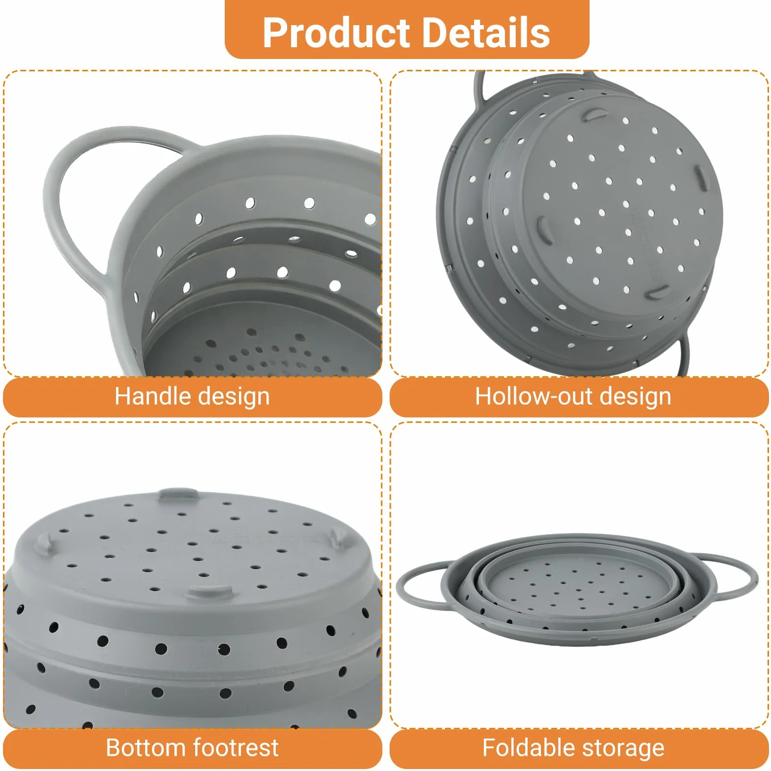 Escurridor de Cocina en Silicona Plegable 28x22.5cm, Resistente al Calor, Sin BPA para Pasta y Verduras