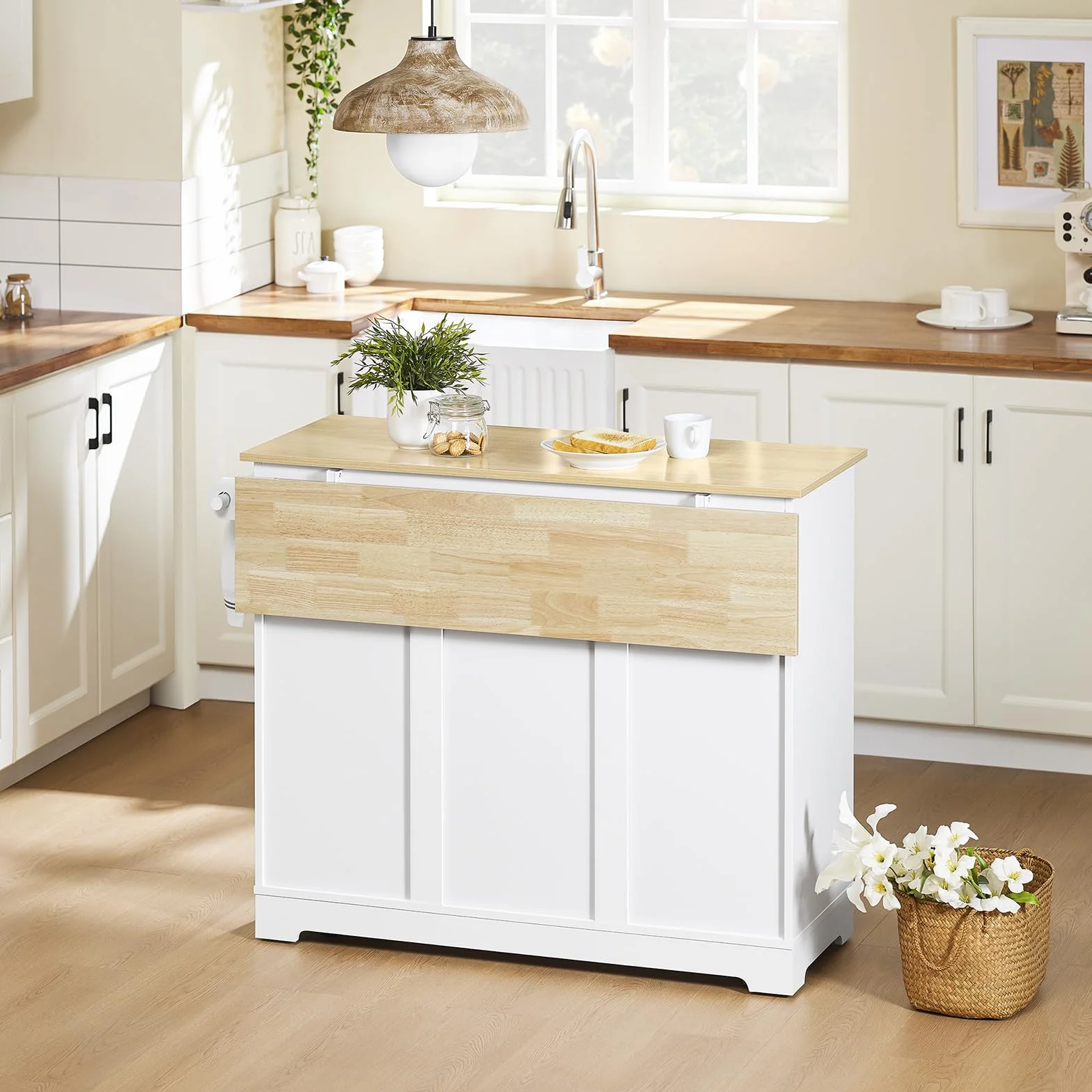 SoBuy Isla Cocina con Ruedas Carro de Cocina con Encimera Extensible Mueble Auxiliar de Cocina con 2 Cajones y Estantes Ajustables, Ideal para Cocinas Pequeñas Blanco 113 × 44–69 × 91 cm FKW129-WN