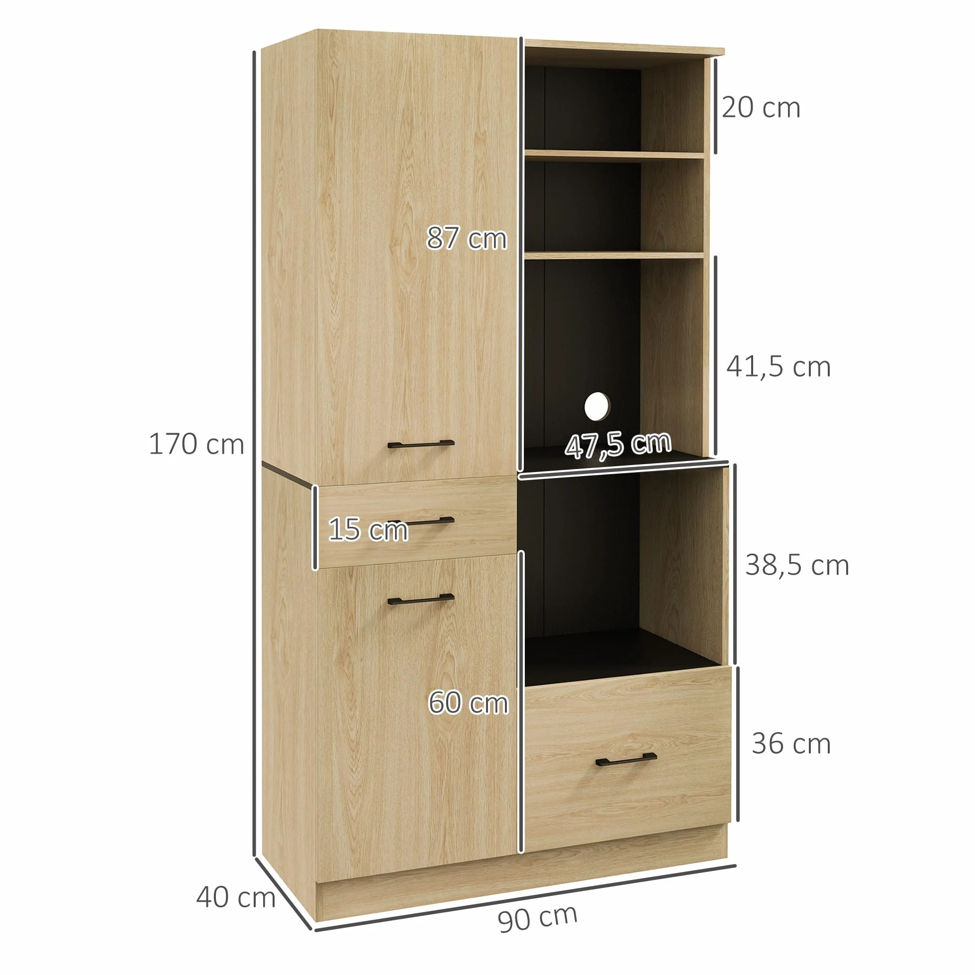 HOMCOM Alacena Moderno de Cocina con 2 Cajones, 2 Armarios y 4 Estantes Abiertos - Mueble Buffet para Comedor y Salón - 90x40x170 cm - Roble y Negro