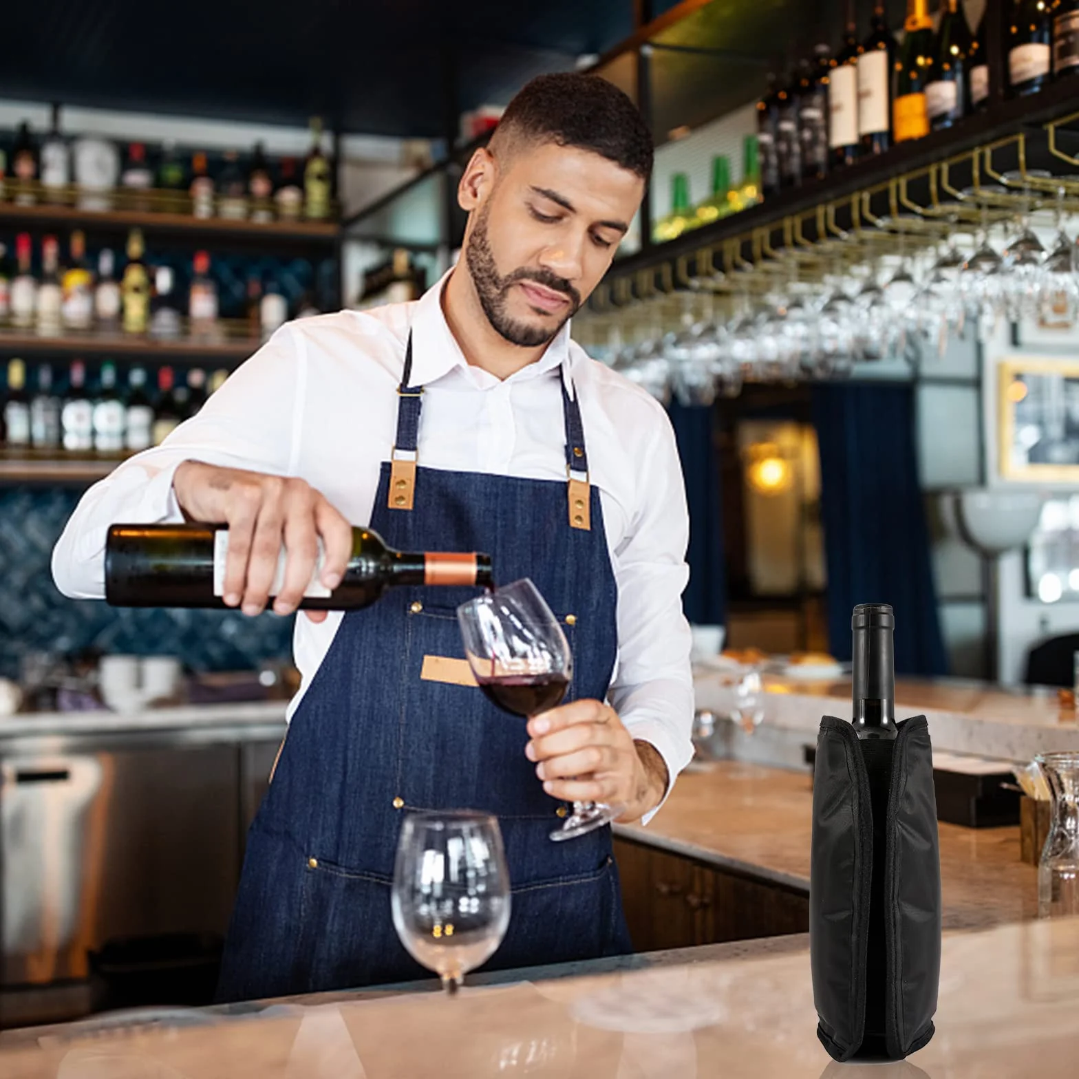 Enfriador de Botellas de Vino Cava Sidra Champagne Cerveza, Funda Enfriadora con Elástico Lateral, PVC Negro