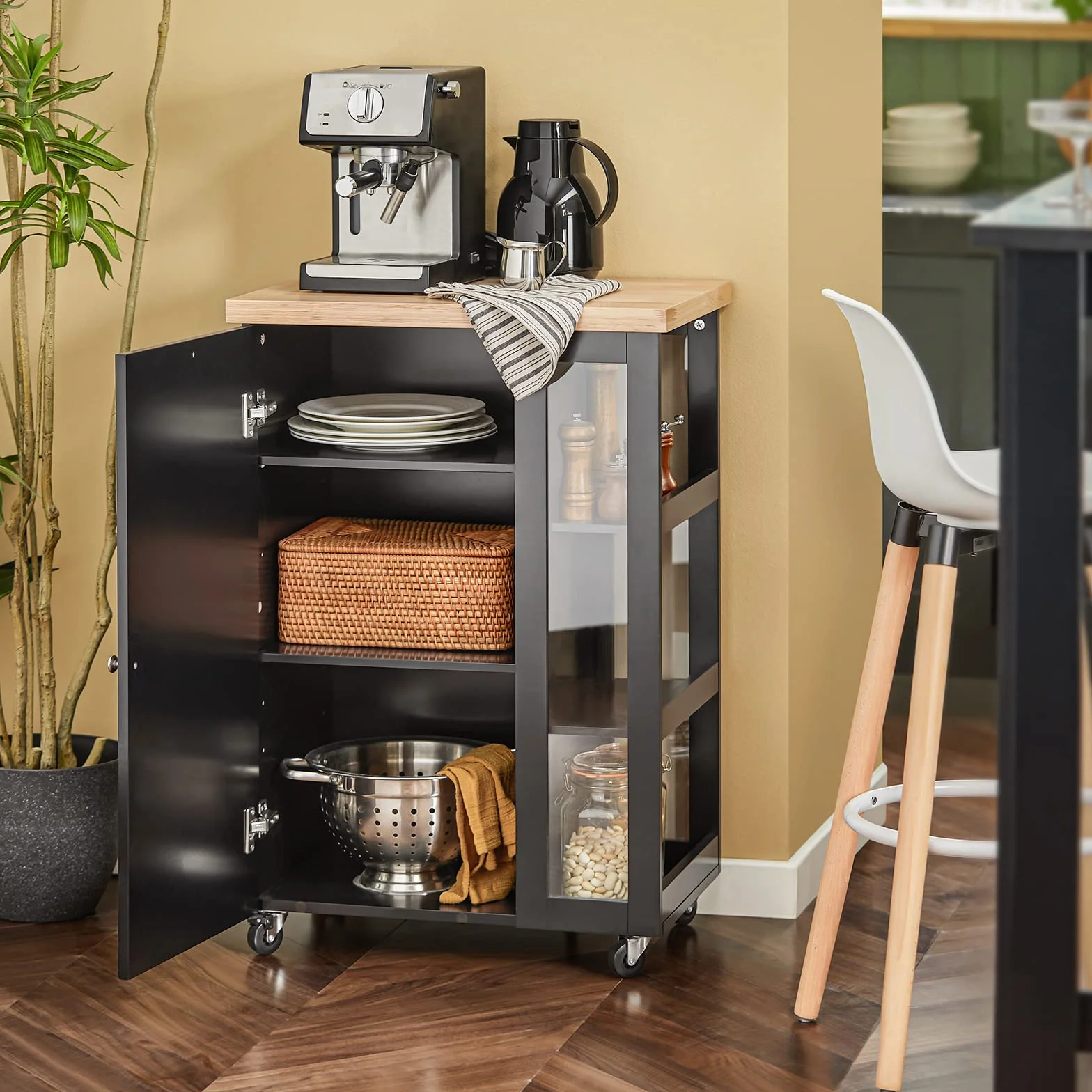 SoBuy Carrito Auxiliar con Ruedas y Estante Lateral 60 × 40 × 90 cm Cocina | Mueble auxiliar de cocina con armario y 2 baldas regulables en 6 posiciones, de MDF (E1) y cristal, para el comedor FKW75-SCH