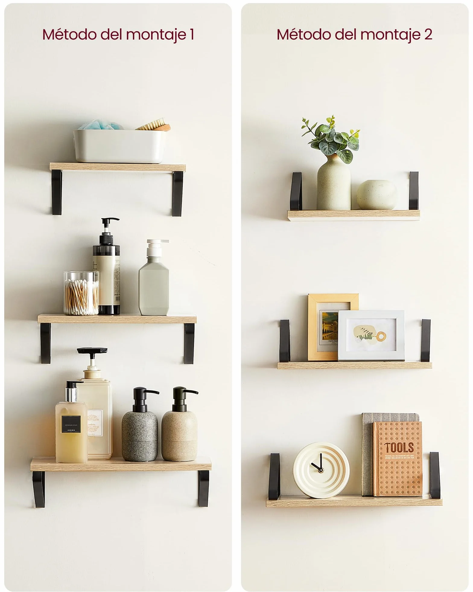 VASAGLE Estantes de Pared, Estantes Flotantes, Juego de 3, 2 Formas de Montaje, 30/35/40 cm, Estantes Decorativos, para Salón, Baño, Cocina, Roble y Negro LWS033B11
