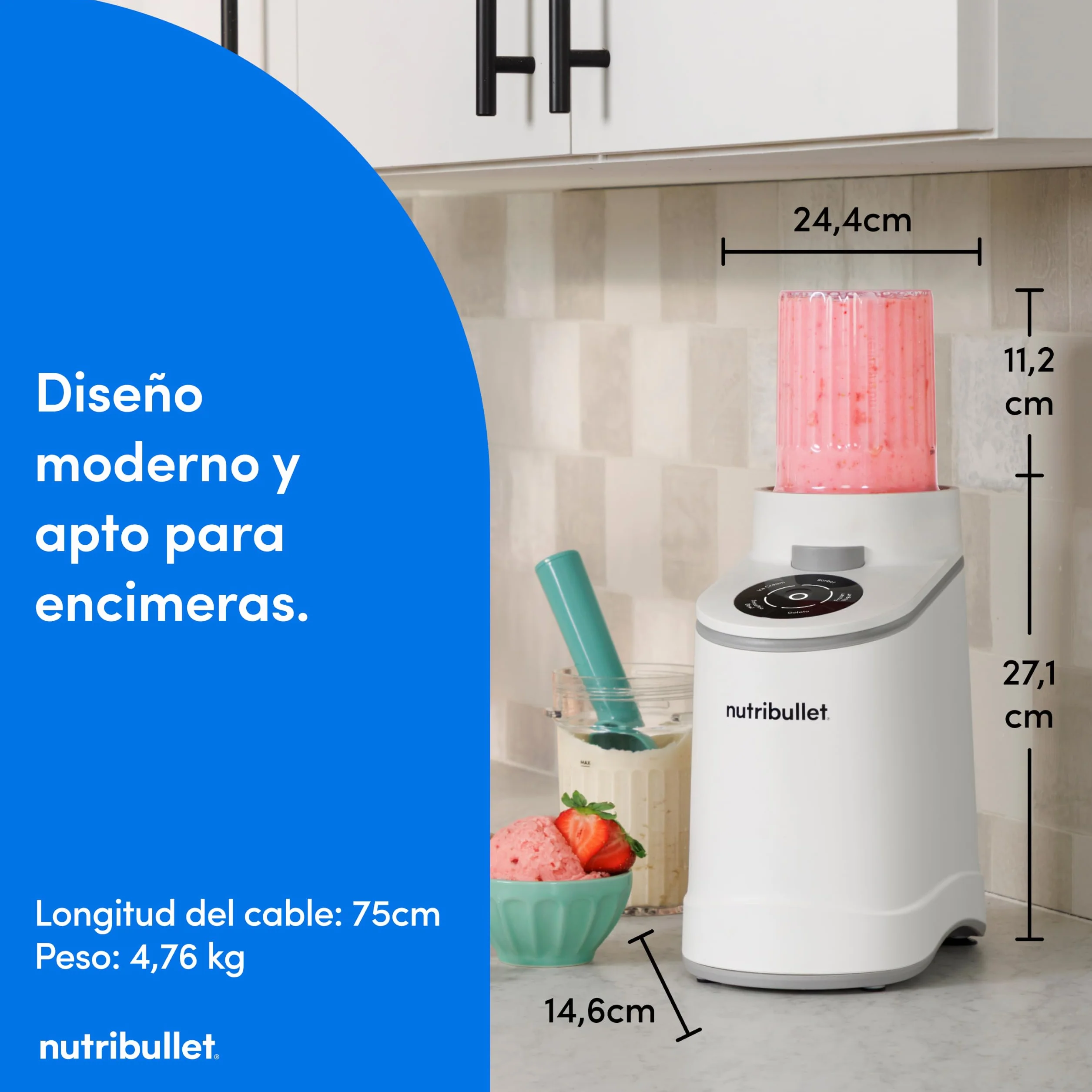 nutribullet Chill – Heladera para gelato, helados, yogur helado, smoothie bowls, sorbetes, 5 programas automáticos, máquina de helados, 3 recipientes con tapa, ideal para familias, blanco (NBD0503W)