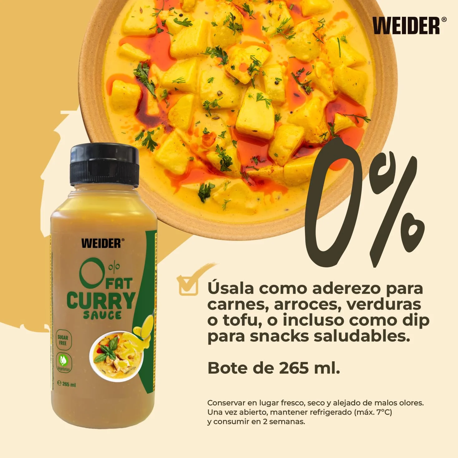 Weider Gourmet 0% Fat Curry Sauce 265 ml, Salsa Curry 0% Grasas, Bajo en Calorias