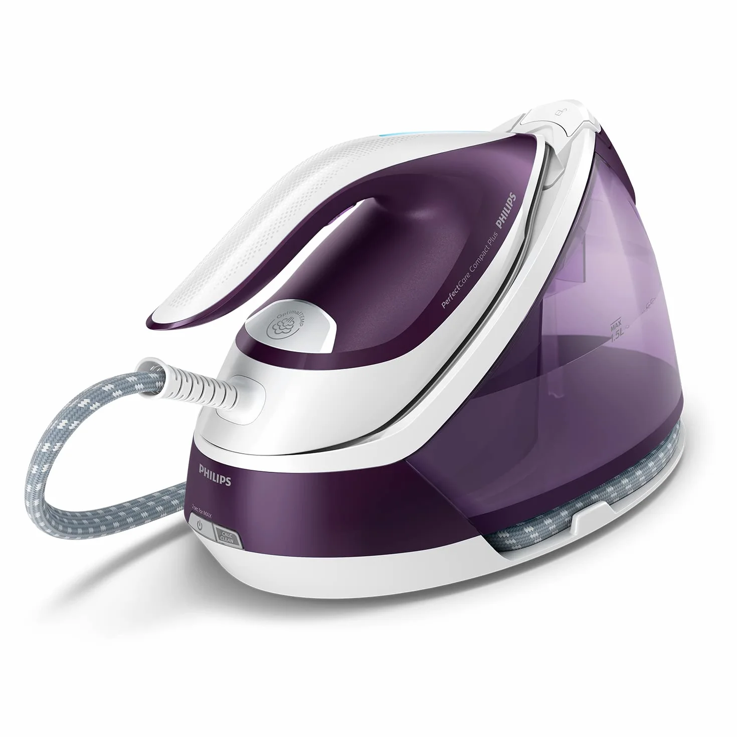 Philips PerfectCare Compact Plus Centro de Planchado - 2400W, Golpe de Vapor 450g, Presión 6.5 bar, Tec OptimalTEMP, Depósito 1.5 L, Púrpura/Blanco (GC7933/30)