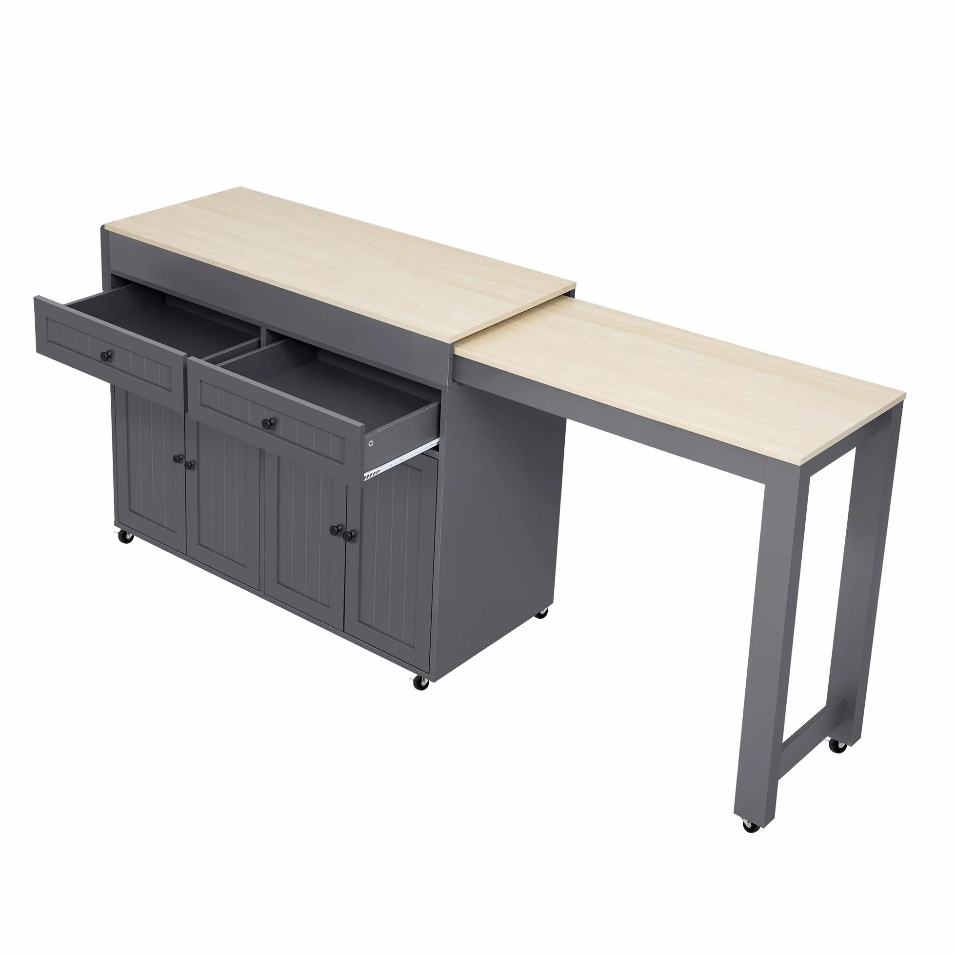LAKFEW Mesa de Bar Isla Cocina con 7 Ruedas y Encimera Extensible, Mesa Cocina Extensible con 4 Puertas y 2 Cajones, Barra Bar Mueble Auxiliar, 112(180.5) x45x92.2 cm, Gris+Natural