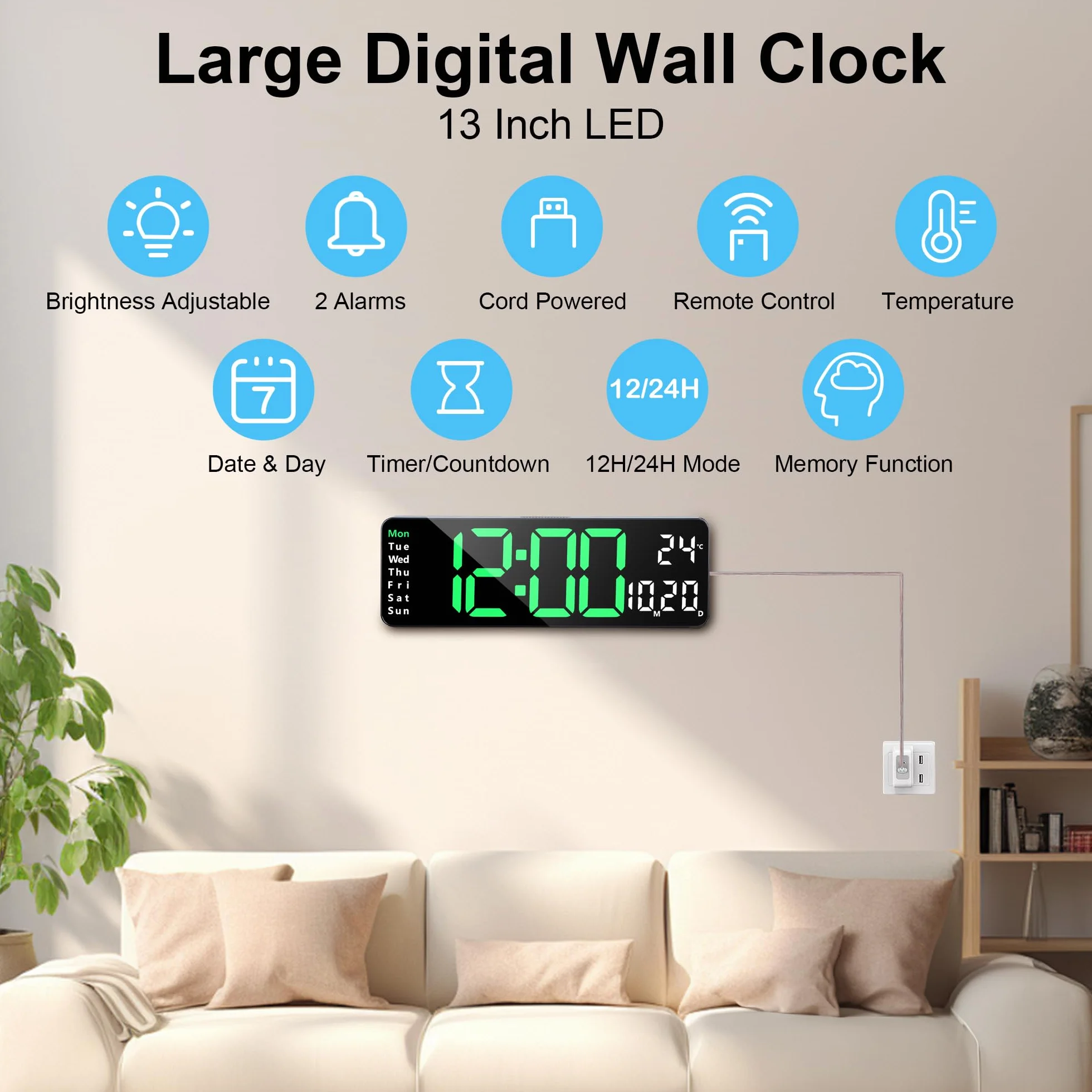 Reloj Digital Pared LED Grande 32cm Silencioso con Control Remoto Temperatura Fecha 2 Alarmas Brillo Ajustable 12/24 Horas Verde