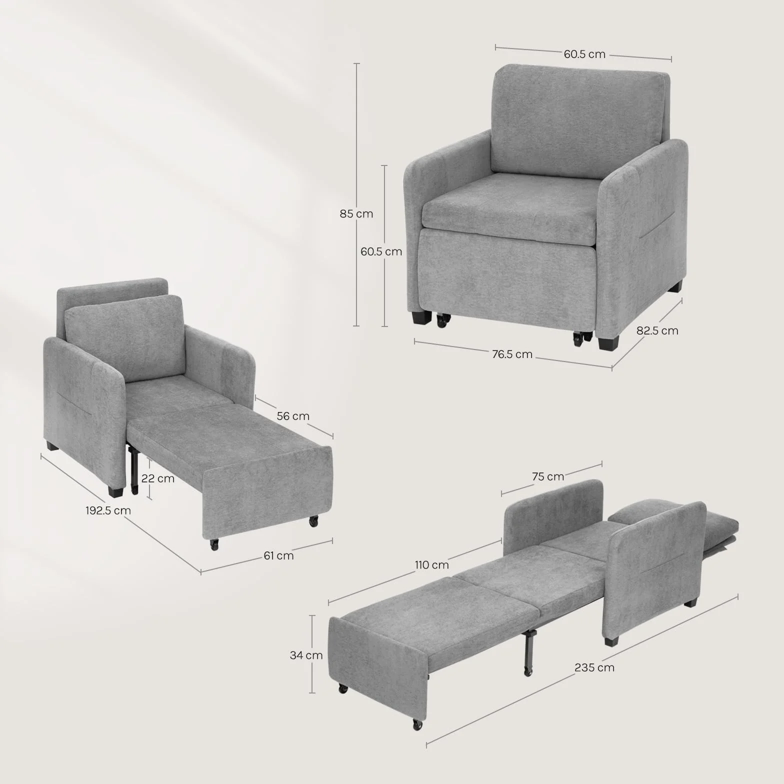 WOLTU Sofá Cama 3 en 1 con Función Inclinable, Sofa Cama Individual de 1 Plaza, Sillón Plegable de Tejido de Rizo y Acolchado de Esponja, Gris Claro