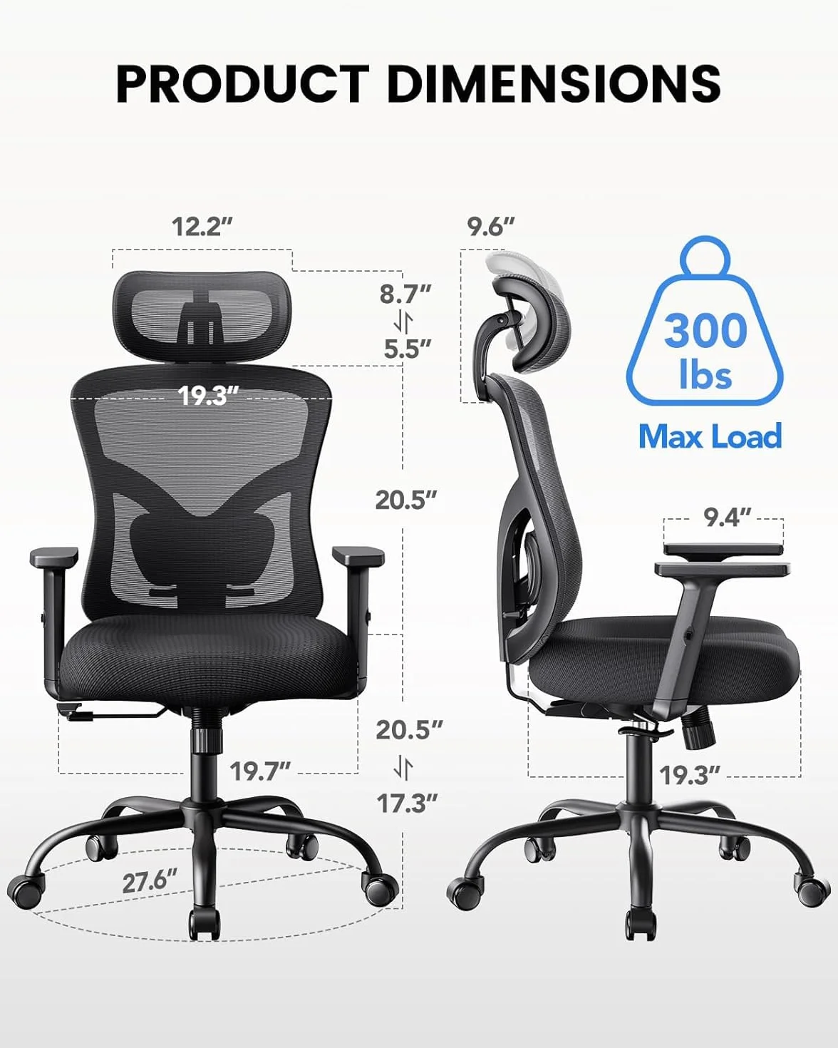 NOBLEWELL Silla de Oficina Ergonómica con Soporte Lumbar, Reposacabezas 2D, Reposabrazos Ajustable, Inclinación 130°