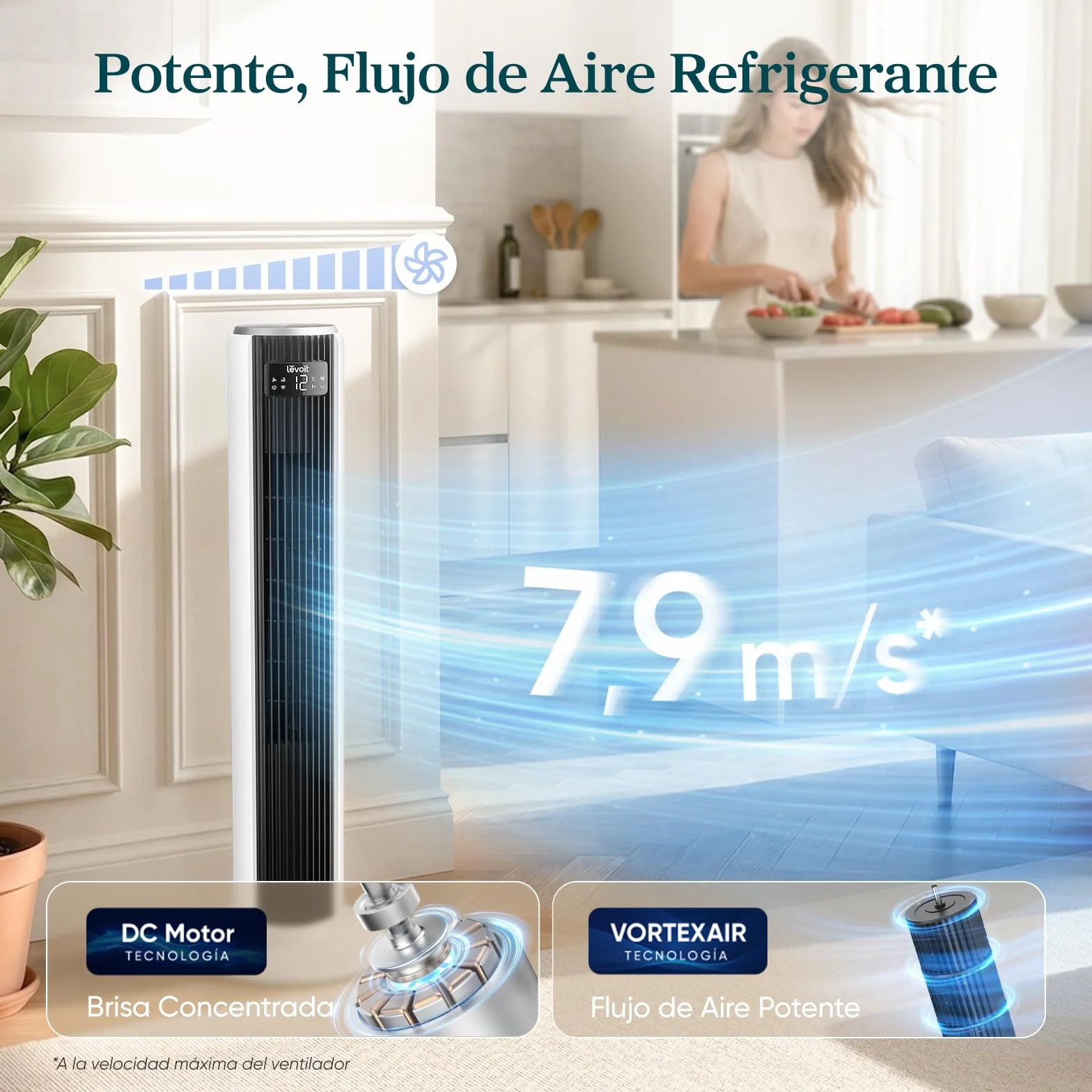 LEVOIT Ventilador de Torre 26W Motor DC 7.9m/s Silencioso 12 Velocidades Temporizador 12H Oscilación 90° Blanco