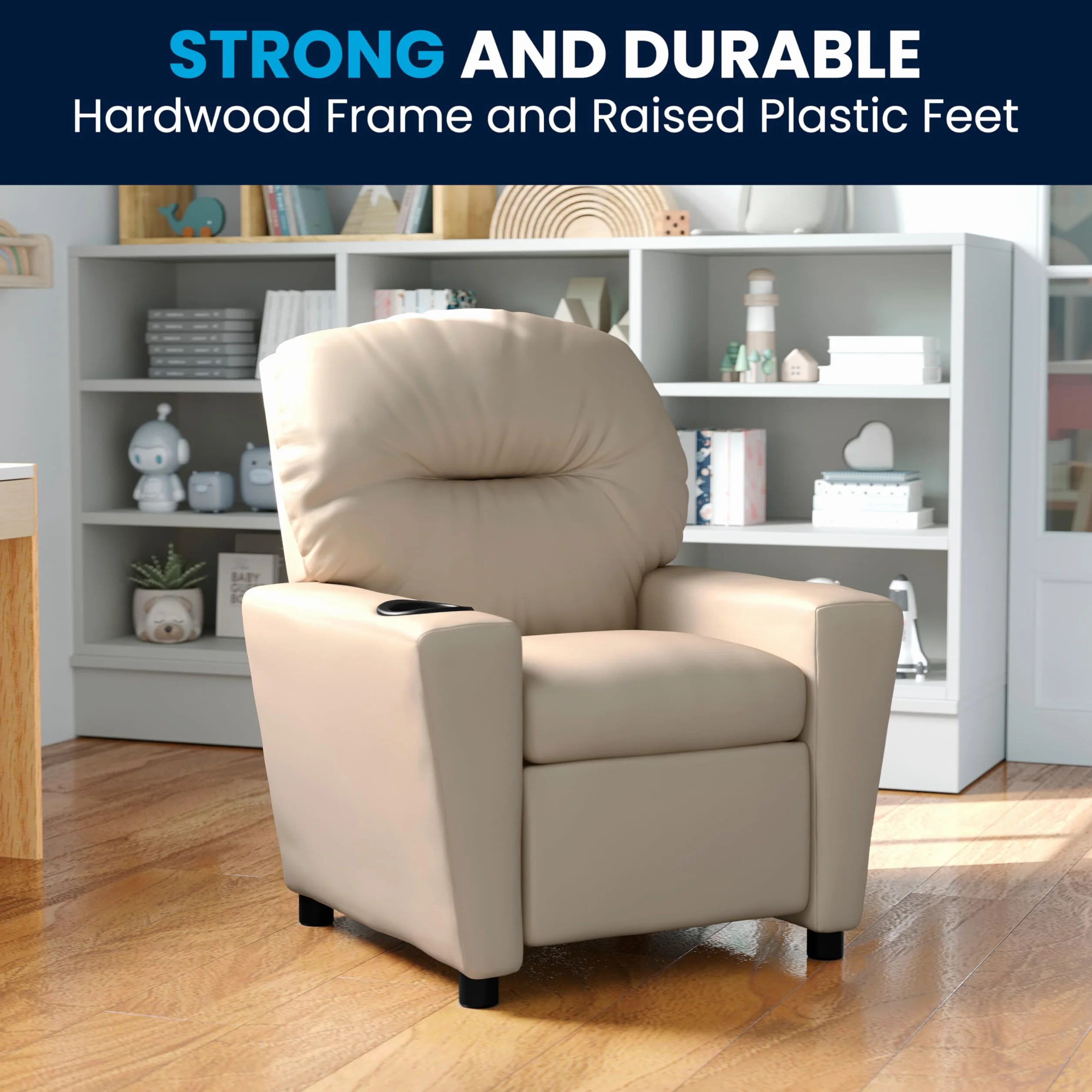 Flash Furniture Sillón reclinable Chandler de Vinilo para niños con portavasos, admite hasta 90 lbs, Beige