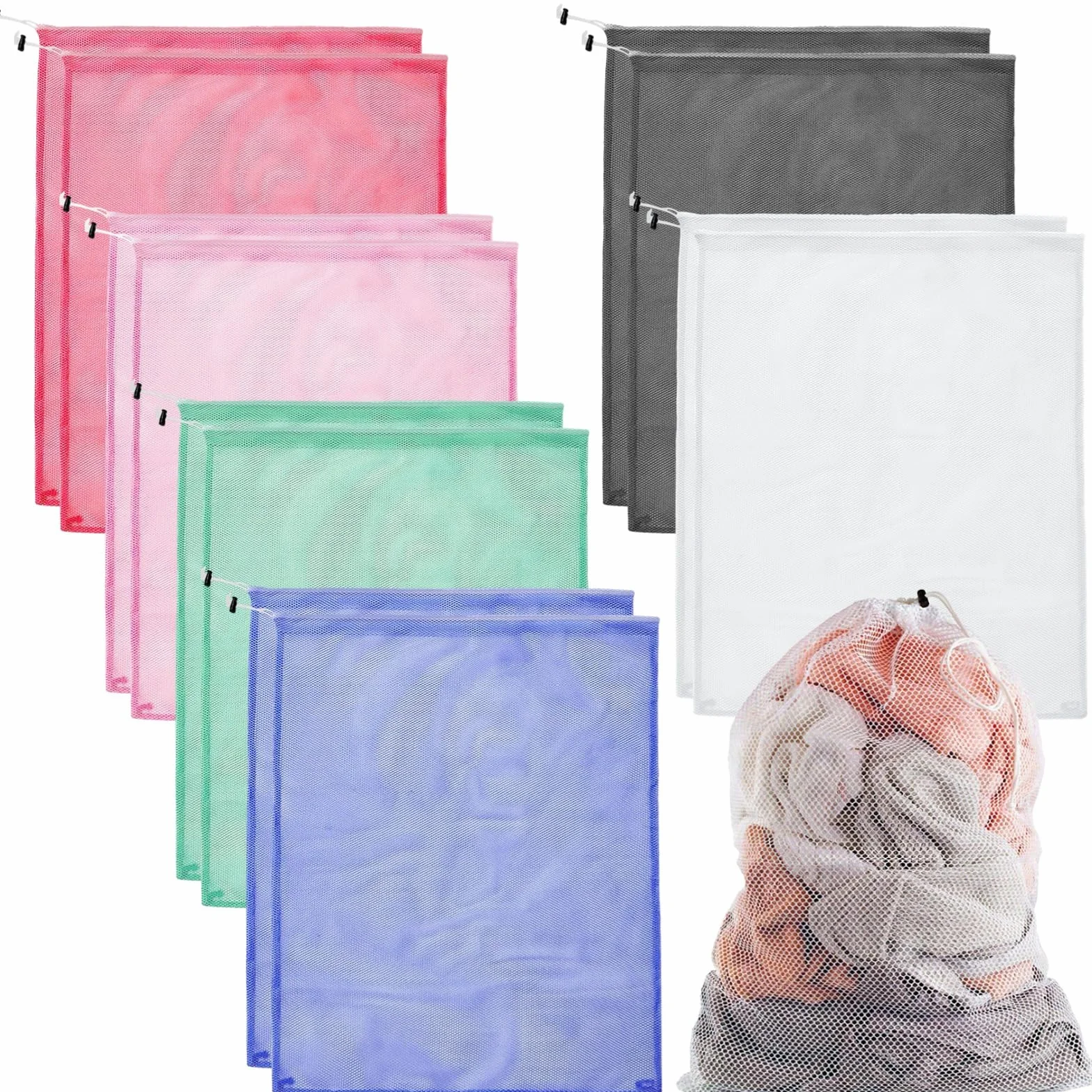 12 bolsas de lavandería extragrandes, 35.4 x 23.6 pulgadas, lavables de poliéster con cordón, bolsas de malla multicolor para universidad, viajes, apartamentos y prendas delicadas