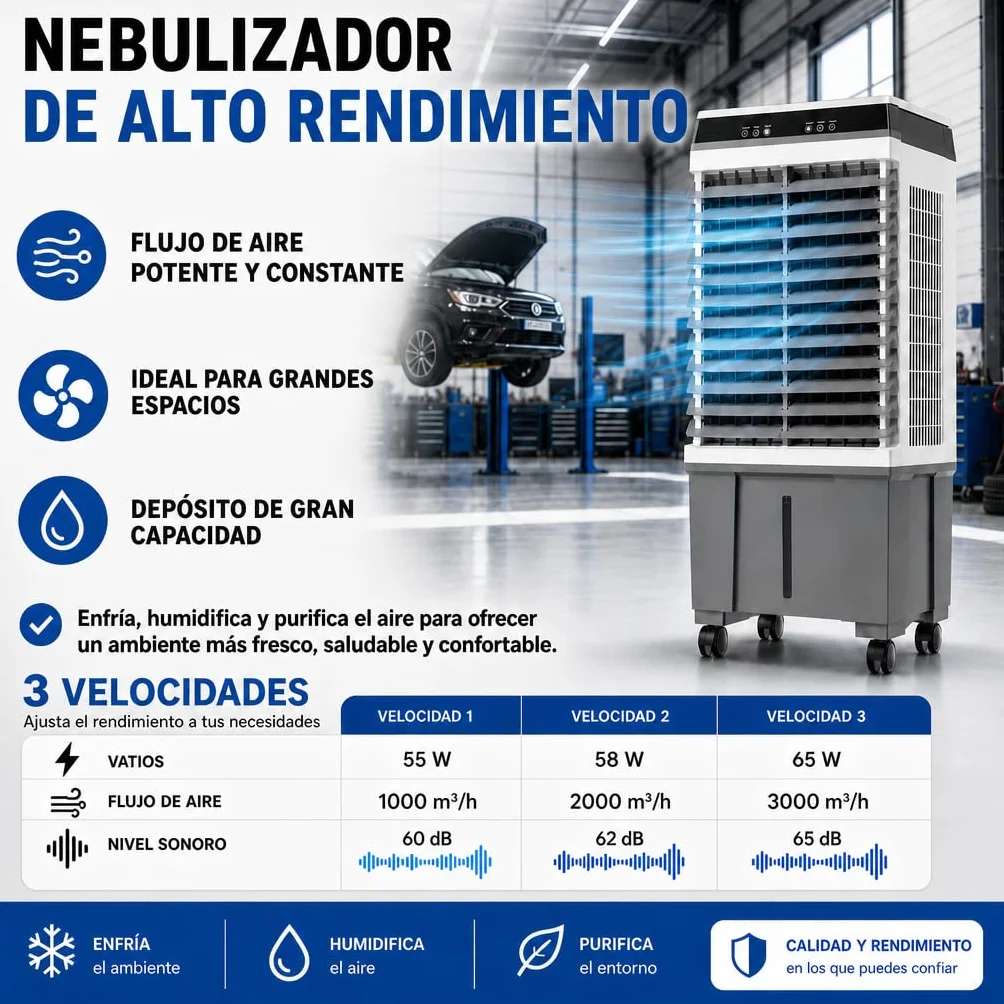 Climatizador Evaporativo Industrial 20L | Sin Tubo Exterior | Naves, Talleres y Terrazas hasta 20 m² | 65W | 3 Velocidades | Mando a Distancia | 4 Acumuladores de Frío | Oscilante | Portátil