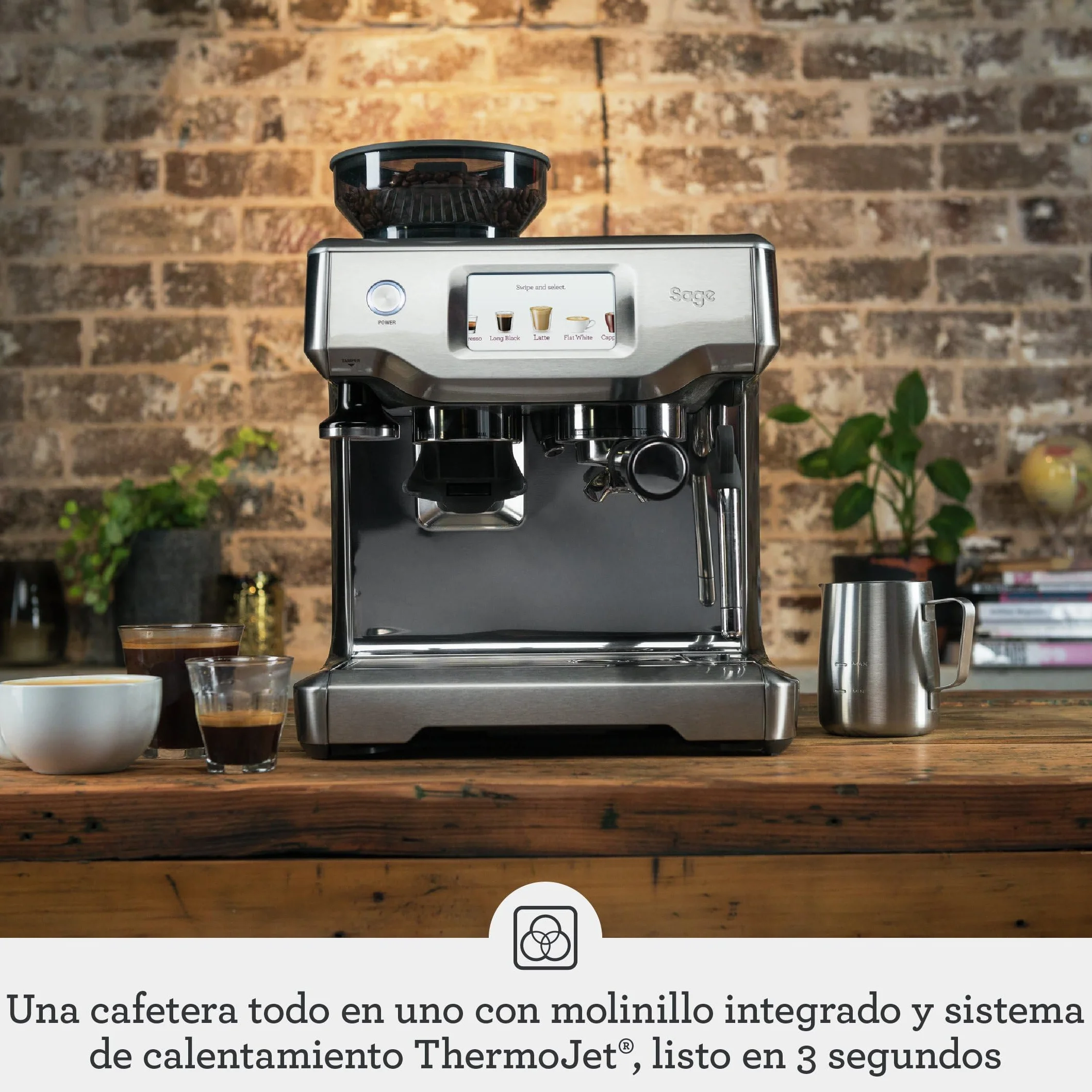 Sage - The Barista Touch -Cafetera Profesional con Pantalla Táctil, Molinillo Incorporado y Espumador de Leche -Prensador Extraíble, 5 Preajustes - Máquina de Café Espress - Acero Inoxidable Cepillado