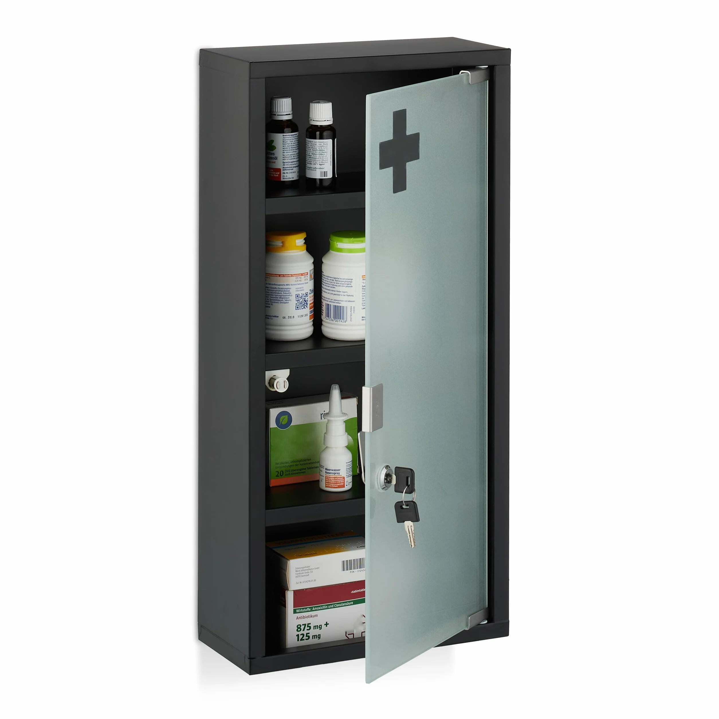 Relaxdays Botiquín de Pared Armario Medicamentos 4 Estantes 57 x 27 x 12 cm Acero Puerta Vidrio Negro