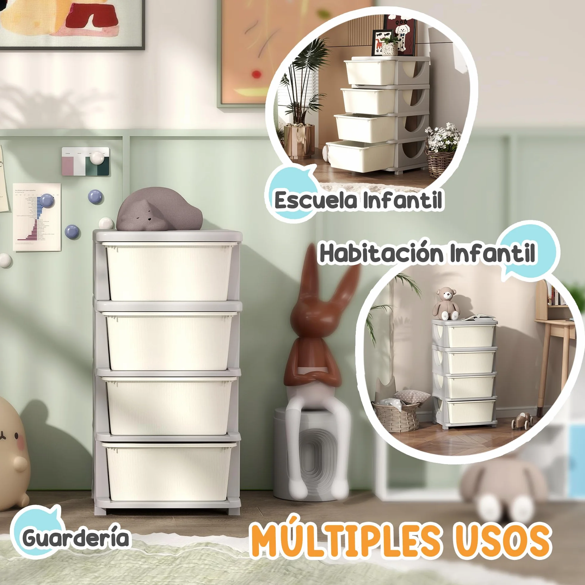 HOMCOM Torre de Almacenamiento Infantil con 4 Cajones, Organizador de Juguetes para Niños de +3 Años, con Bordes Redondeados y Asas, para Guardería, Sala de Juegos, Dormitorio, 37x37x76 cm, Crema