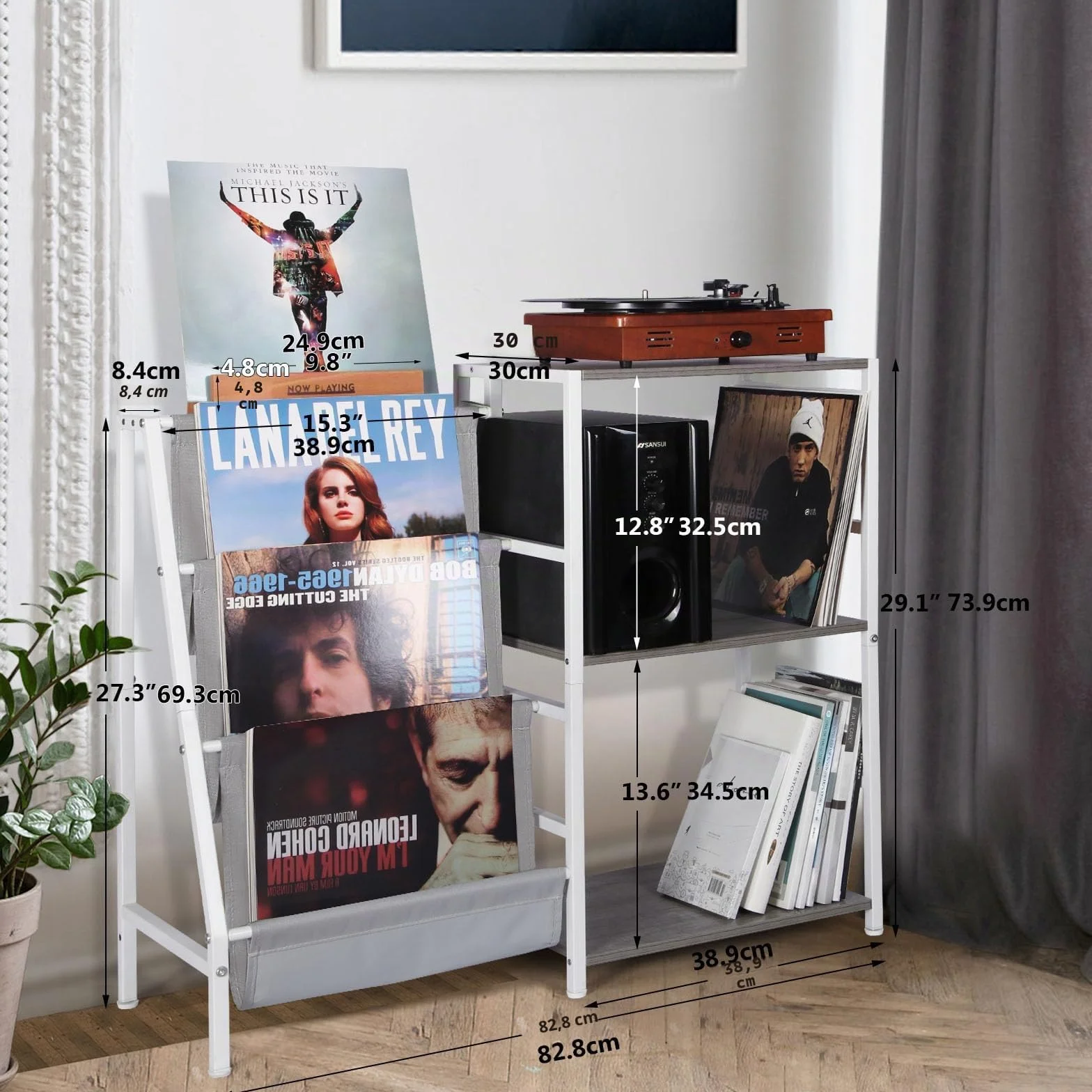 Mueble Tocadiscos con Soporte Vinilos de 3 Niveles, Mesa Reproductor Vinilo, Gris y Blanco