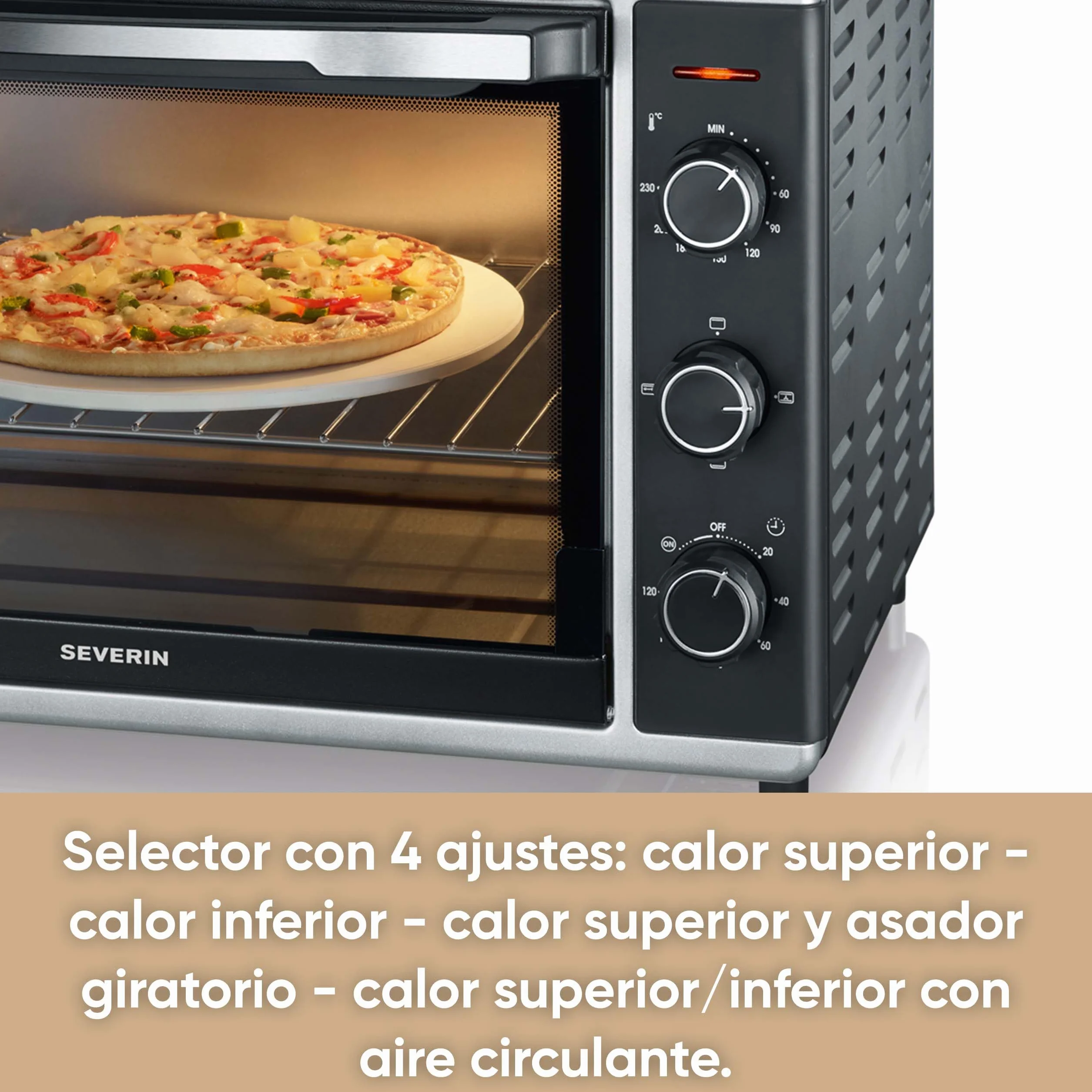 SEVERIN Horno tostador con función de convección, mini horno tostador con grill y bandeja, horno pequeño con piedra para pizza y asador giratorio, 1800 W, 42 L, negro, TO 2058