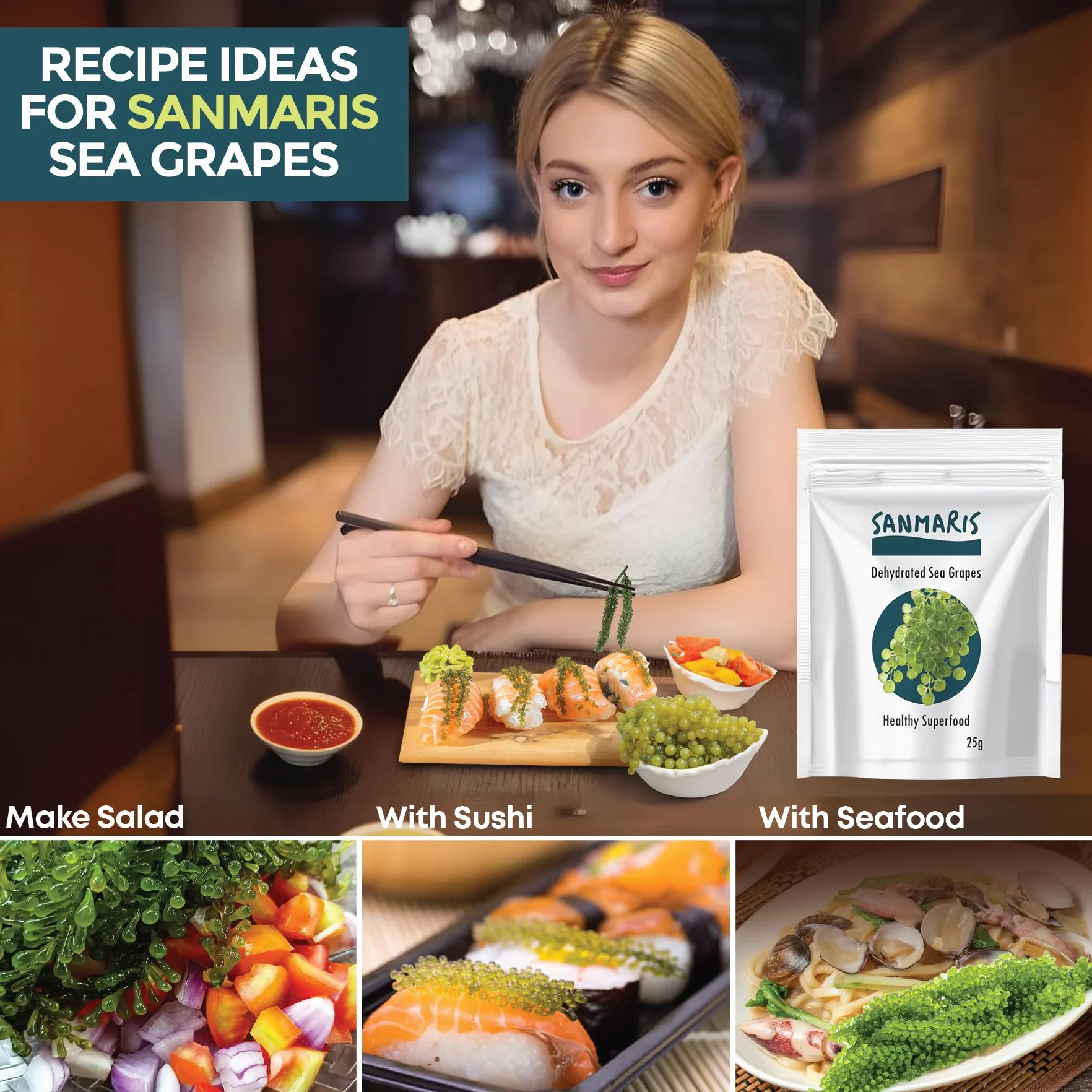 SANMARIS uvas de mar deshidratadas veganas snack de algas caviar verde 25 Gram