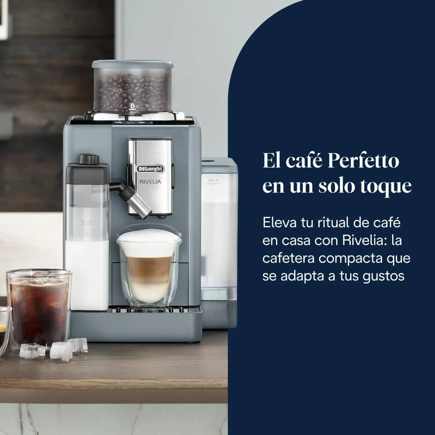 De’Longhi Cafetera Superautomática Rivelia LatteCrema 16 Bebidas One-Touch Pantalla Táctil Depósitos de Granos Intercambiables Gris