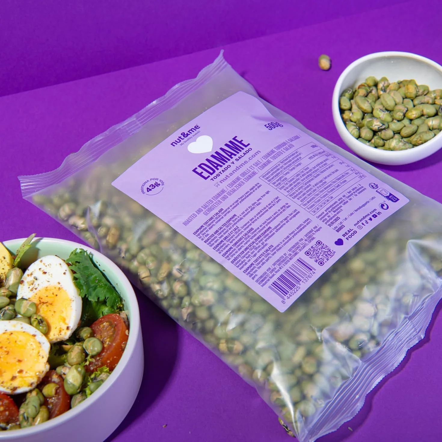 nut&me Edamame tostado ligeramente salado 500 gr sin gluten sin azúcares añadidos alto en proteínas snack crujiente