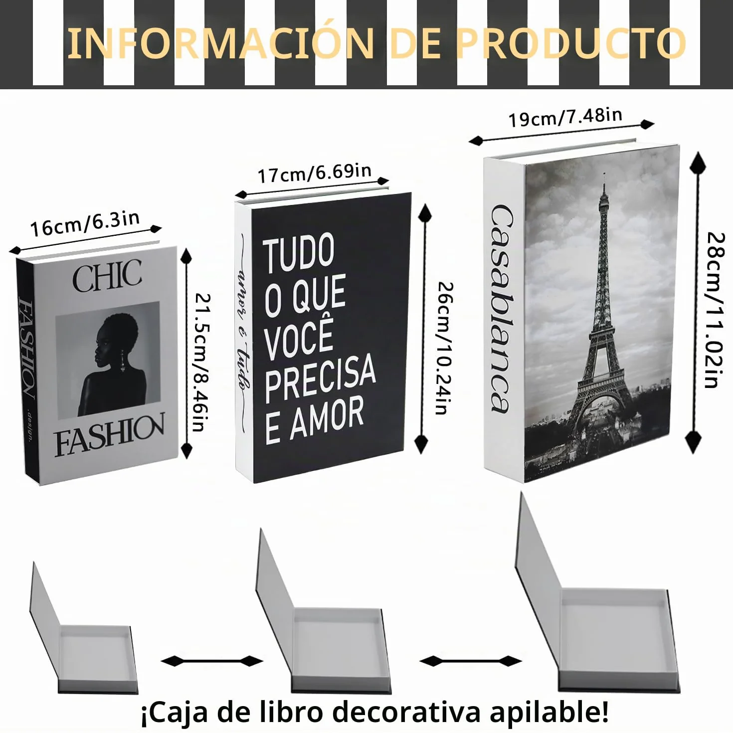 3 Piezas Libros Decorativos Moda Libro Caja Decoracion Apilados Falsos de Interiores Moderno Nido Caja Libros Decorativos Falsos para Decoración (3 Piezas C)