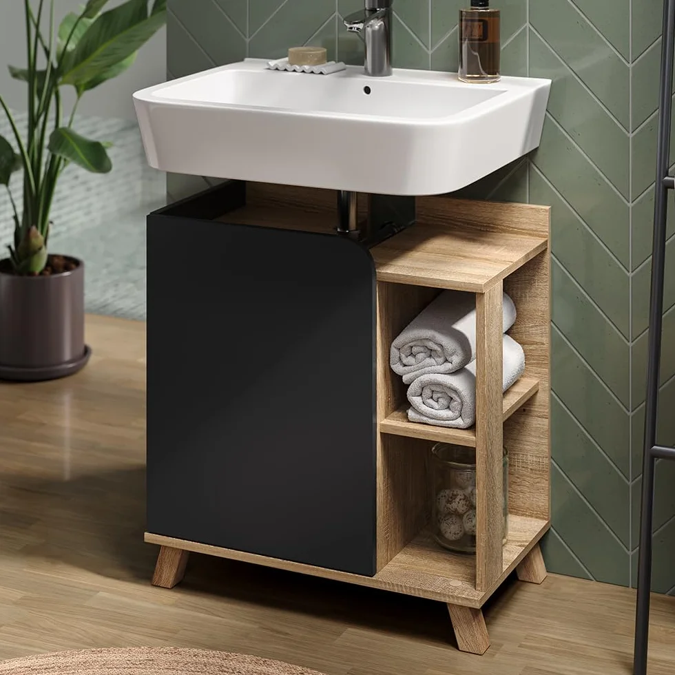 Vicco Mueble bajo Lavabo Karen, Sonoma/Antracita, 60 x 65 cm con Puerta y Compartimentos Abiertos, con Recorte para sifón para instalación Debajo del Lavabo