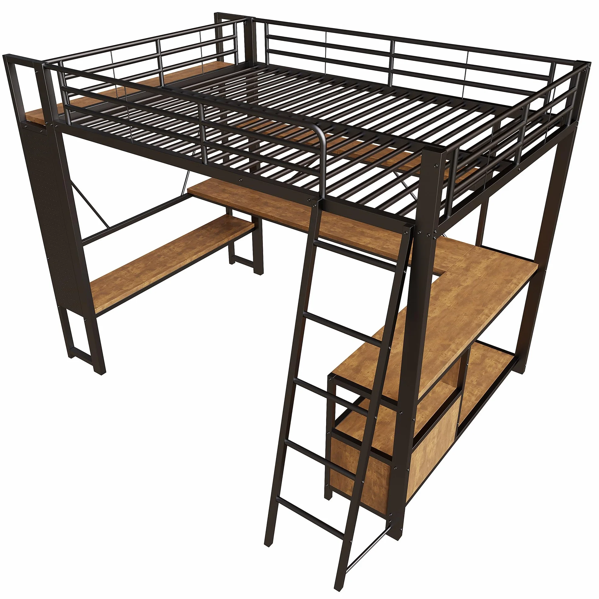 Cama alta de hierro 140 x 200 con LED, USB, escritorio, almacenamiento, estantes, panel perforado, negra