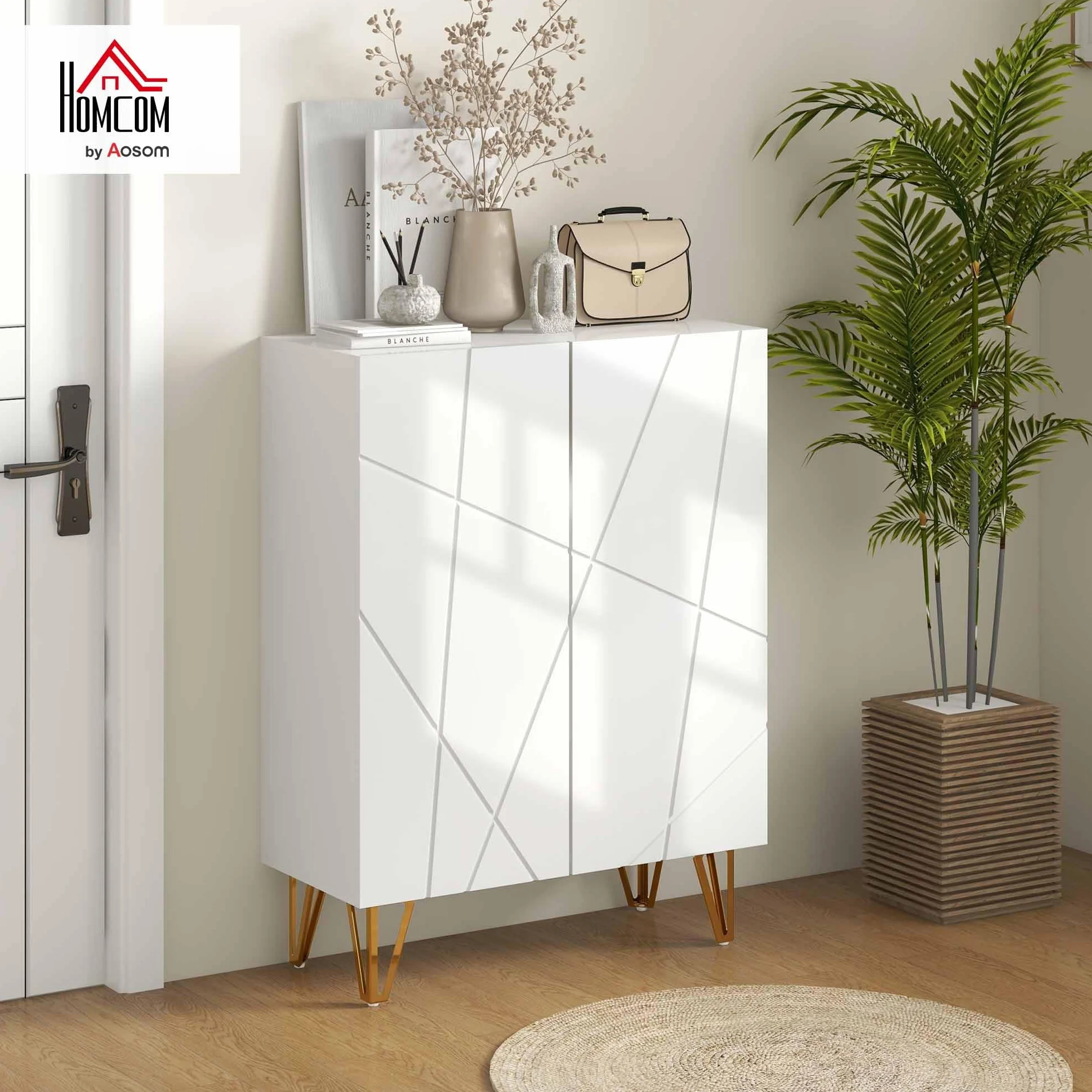 HOMCOM Mueble Zapatero Moderno de Entrada para Recibidor con Estantes Ajustables y Cierre Suave 15-20 Pares de Zapatos para Pasillo 72x31,5x95 cm Blanco Brillo
