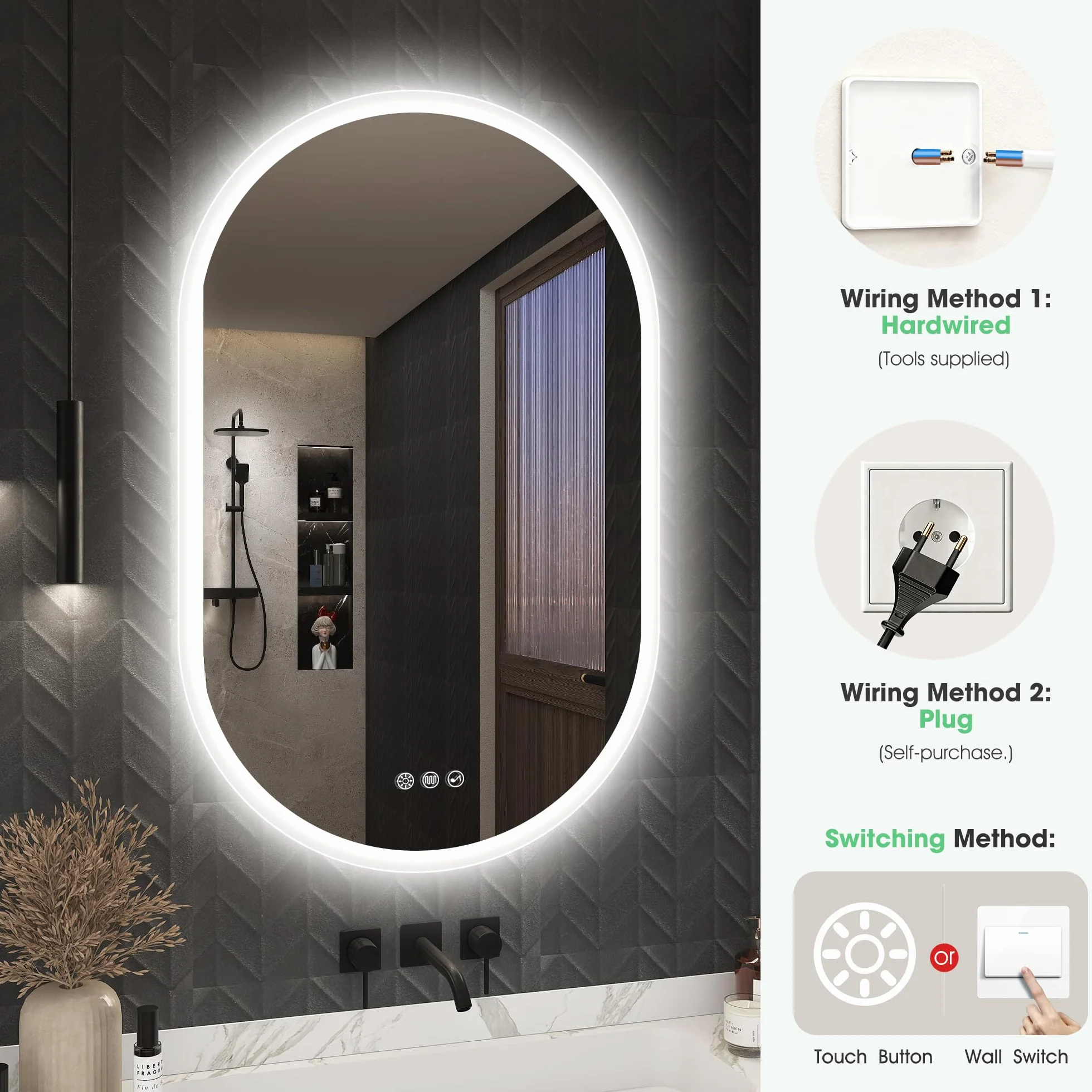 S'bagno Oval Bluetooth Espejo Baño con Luz 50x80cm, Antivaho, Espejos de Baño con Led y Memoria, 3000K/4000K/6500K, Regulable, Cristal Templado HD, IP44 Espejo Baño Led, Horizontal o Vertical