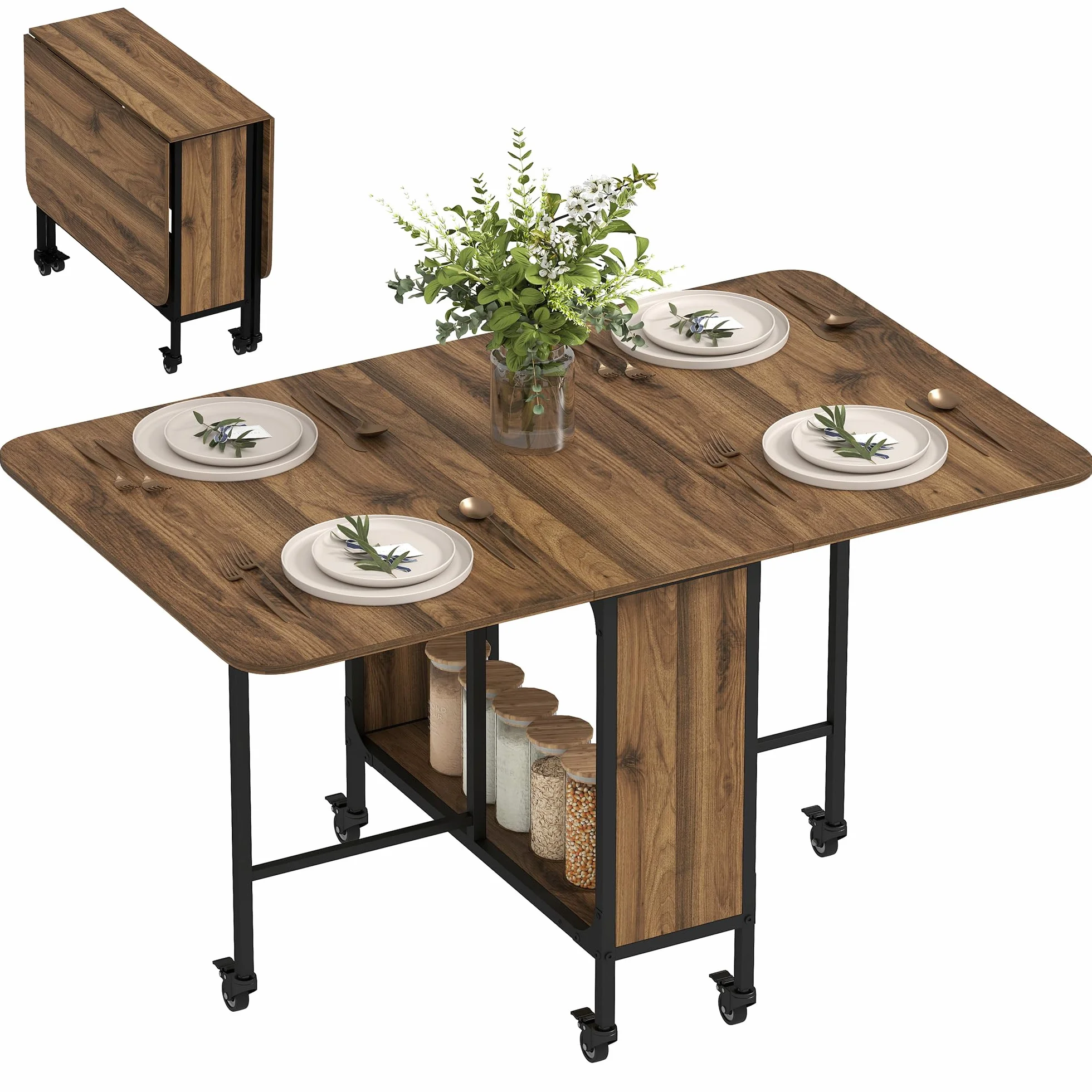 HOMCOM Mesa Plegable de Comedor con Ruedas Alas Abatibles y Estante de Almacenamiento Mesa de Cocina Plegable para Salón 130x80x74 cm Madera Marrón