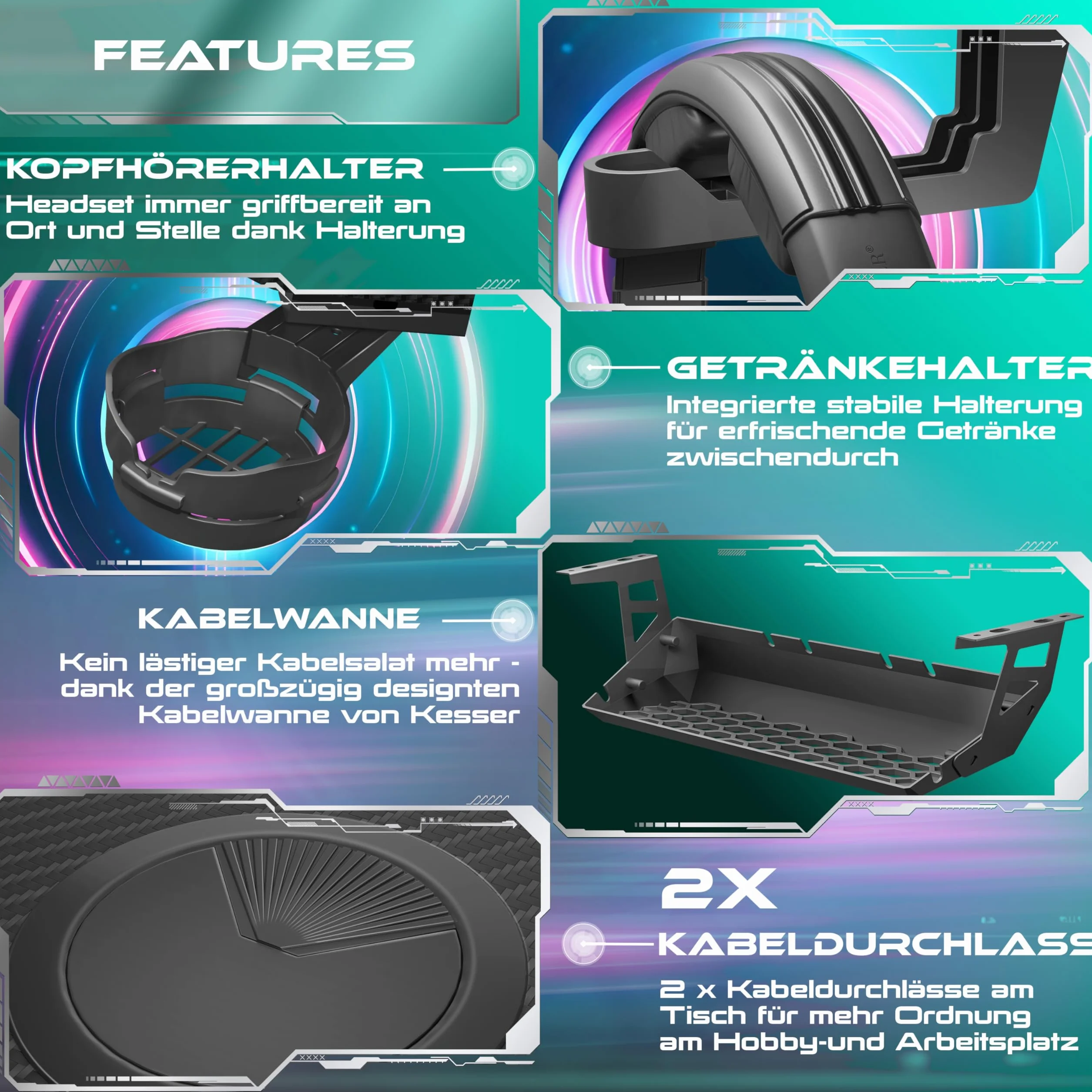 KESSER® Mesa Gaming | 180 x 80 cm | Escritorio para Gamer en Forma de Z | Soporte para Auriculares | Mesa ergonómica para Ordenador | Incl. Alfombrilla de ratón y Soporte
