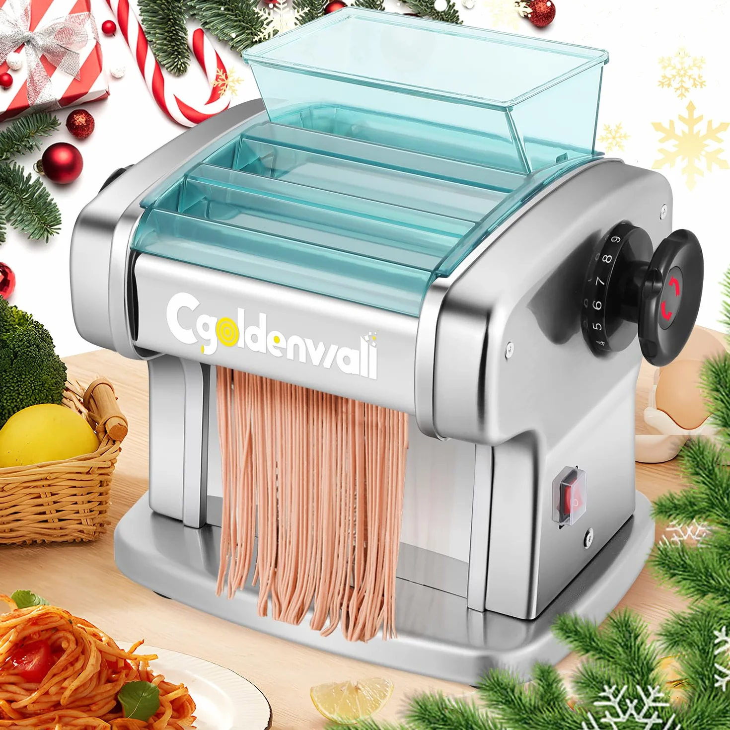 CGOLDENWALL Máquina de Pasta Eléctrica Fresca, Motor de 135W con 2 Cuchillas (2.5 mm/4 mm) y 9 Grosores Ajustables de 0.5-5 mm, Protectora de ABS, Acero Inoxidable para Hacer Espaguetis