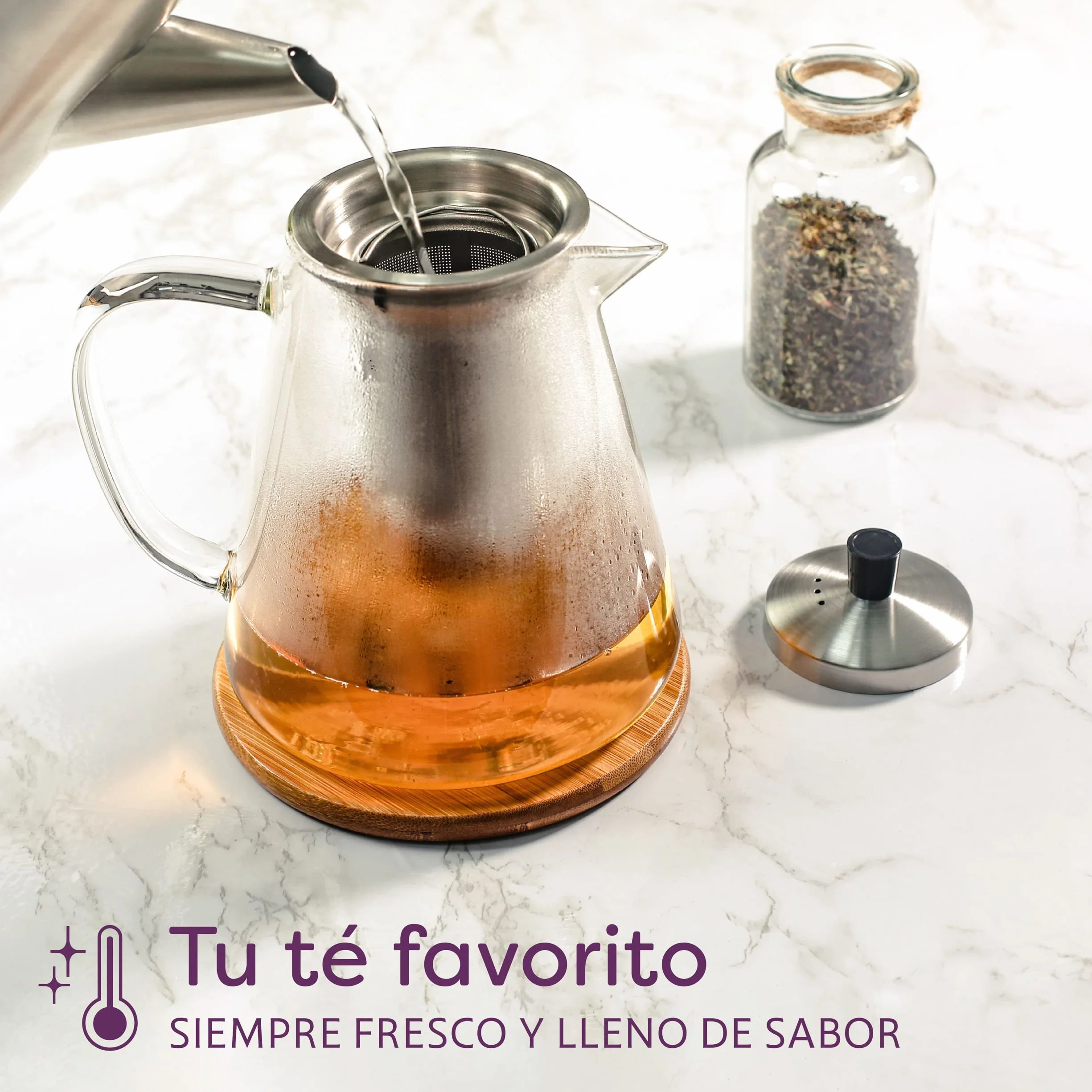 Cosumy Tetera de Cristal con Filtro de Acero Inoxidable - Grande 1,3 L - Con Posavasos de Bambú - Apta para Lavavajillas