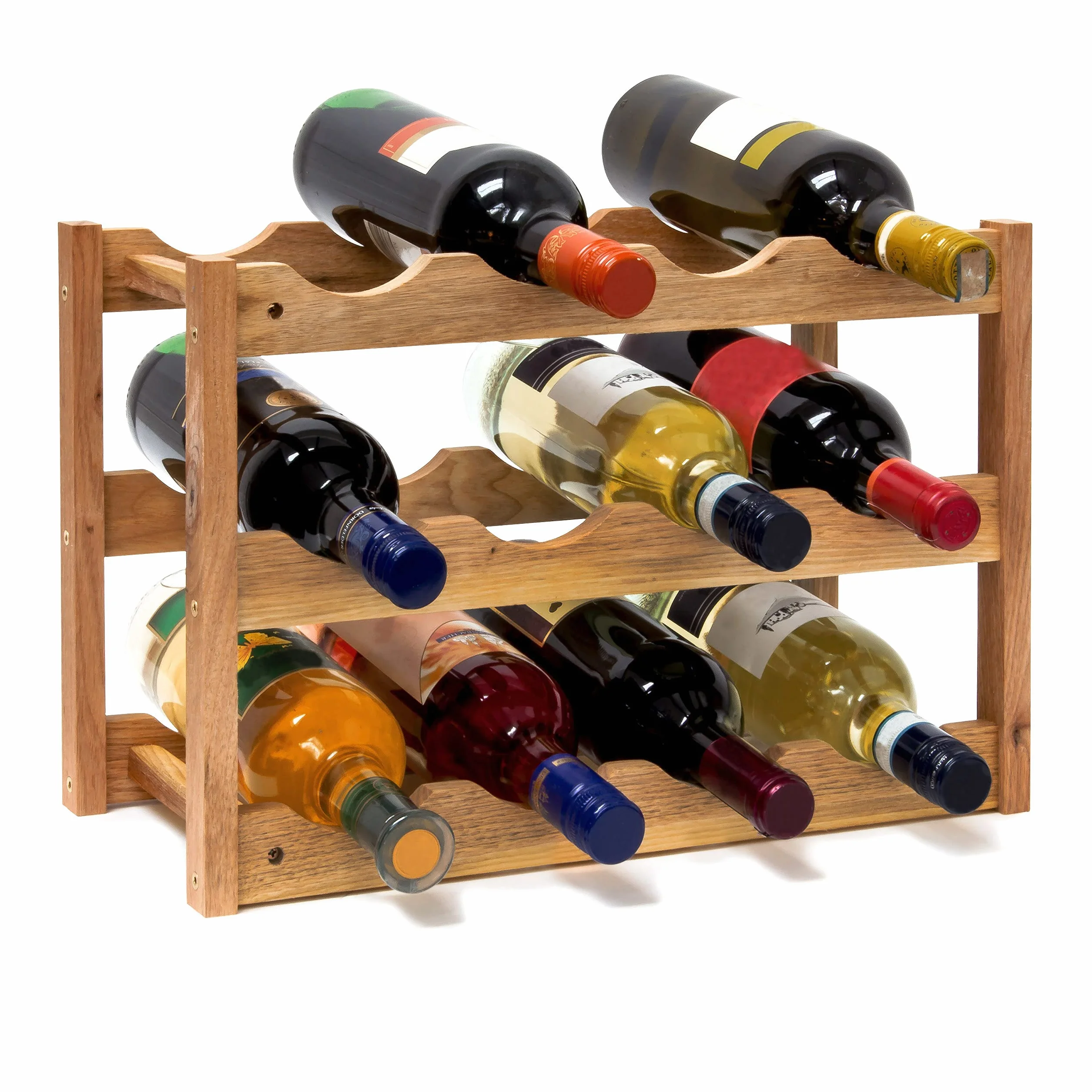 Relaxdays Botellero pequeño de Madera natural 28 x 42,5 x 21 cm Estante con 3 niveles para 12 botellas de vino, soporte de nogal barnizada para almacenar